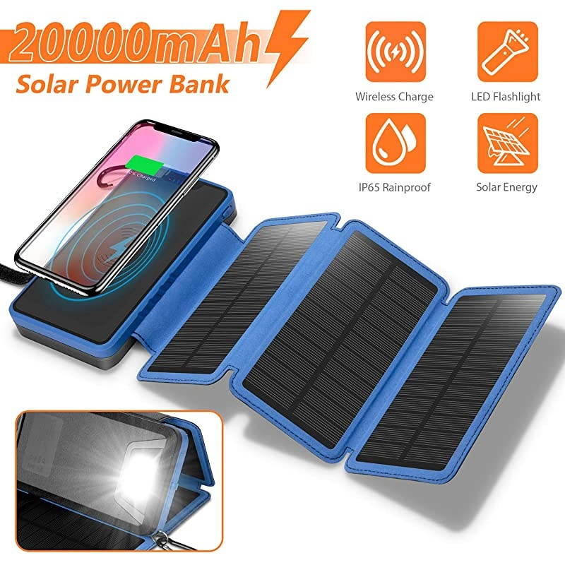 Charger 20000mAh 45W Wireless Charger Portable Power Bank External Battery Pack with 3 Panels Flashlight Dual 5V21A USB Port IP65 Rainproof for Camping Hiking FishingBlue