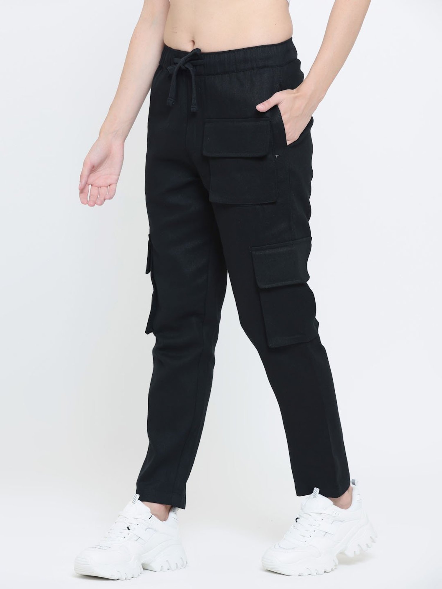 EVERDION Black Cotton Regular Fit Mid Rise Cargo Pants