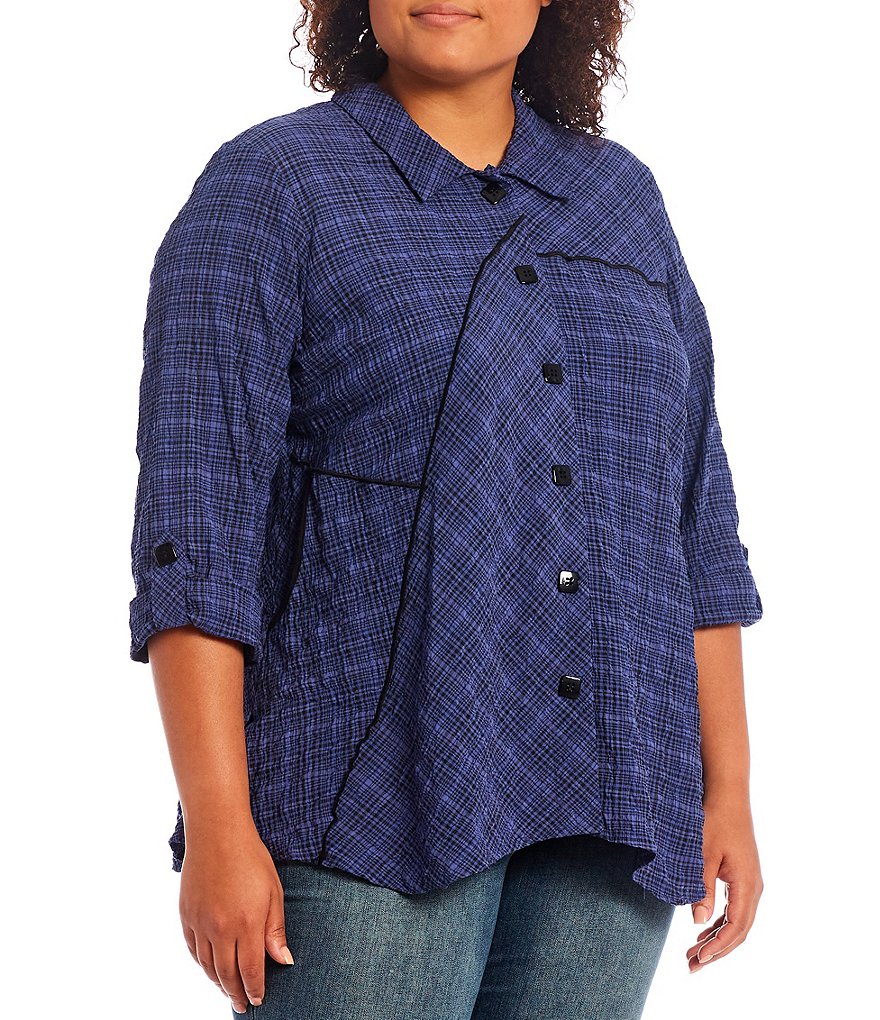 Ali Miles Plus Size Mixed Plaid Crinkle Woven 3/4 Roll-Tab Sleeve Point Collar Asymmetrical Panel Button Front Tunic