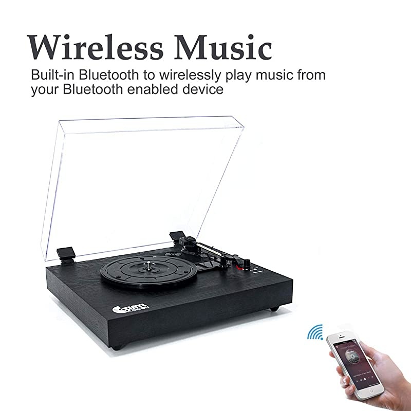 Record Player for 334578 RPM Vinyl RecordsBluetooth BeltDrive Turntable with Builtin Stereo Speakers Black Wood