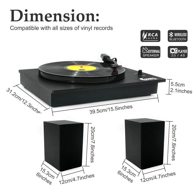 Bluetooth Vinyl Record Player with Powerful External Speakers, Nostalgic Turntable for 33?/45 RPM Record with Adjustable Counter Weight,Wireless Connection