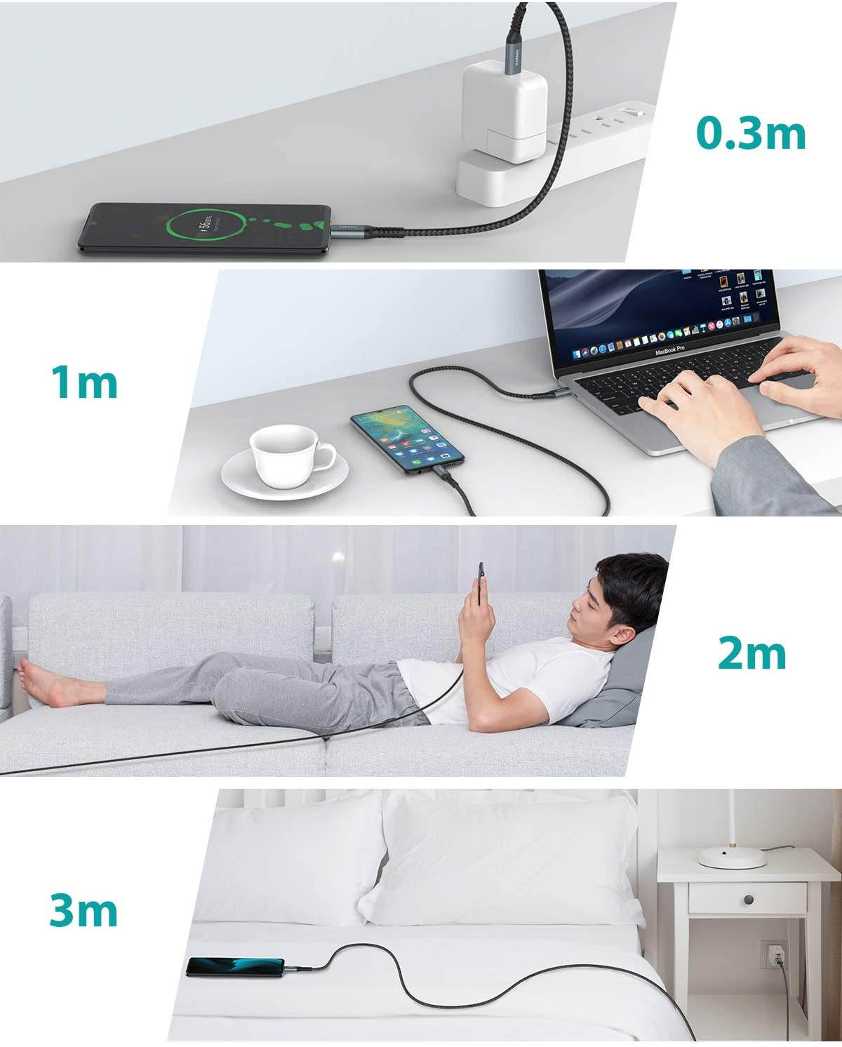 USB C to USB C Fast Charging Cable 60W 4-Pack[10ft+6.6ft+3.3ft+1ft], NIMASO USB Type C Charger Cord Compatible with Samsung Galaxy S20 S10 Note 20 10, Google Pixel 4 3 2 XL, MacBook Air iPad Pro 2020