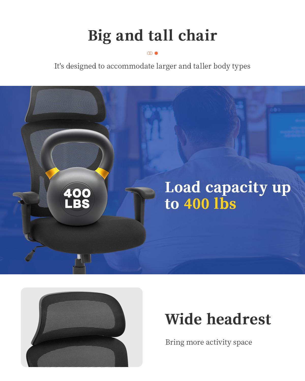 Big and Tall Office Chair 400lbs Wide Seat Executive Desk Chair with Lumbar Support Adjustable Armrest Ergonomic Headrest High Back Mesh Computer Chair Rolling Swivel Task Chair(Black)