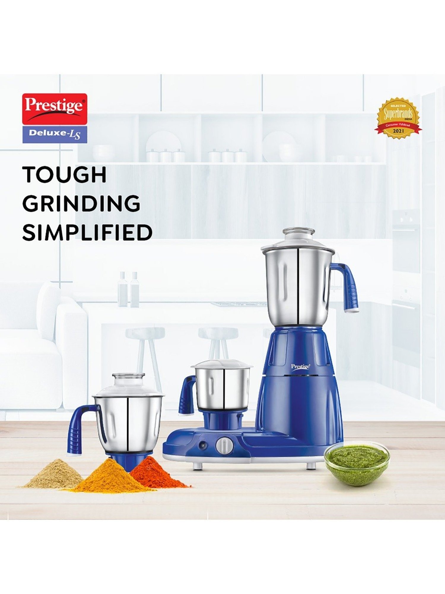 Prestige Deluxe LS Blue 750W Mixer Grinder with 3 Stainless Steel Jars