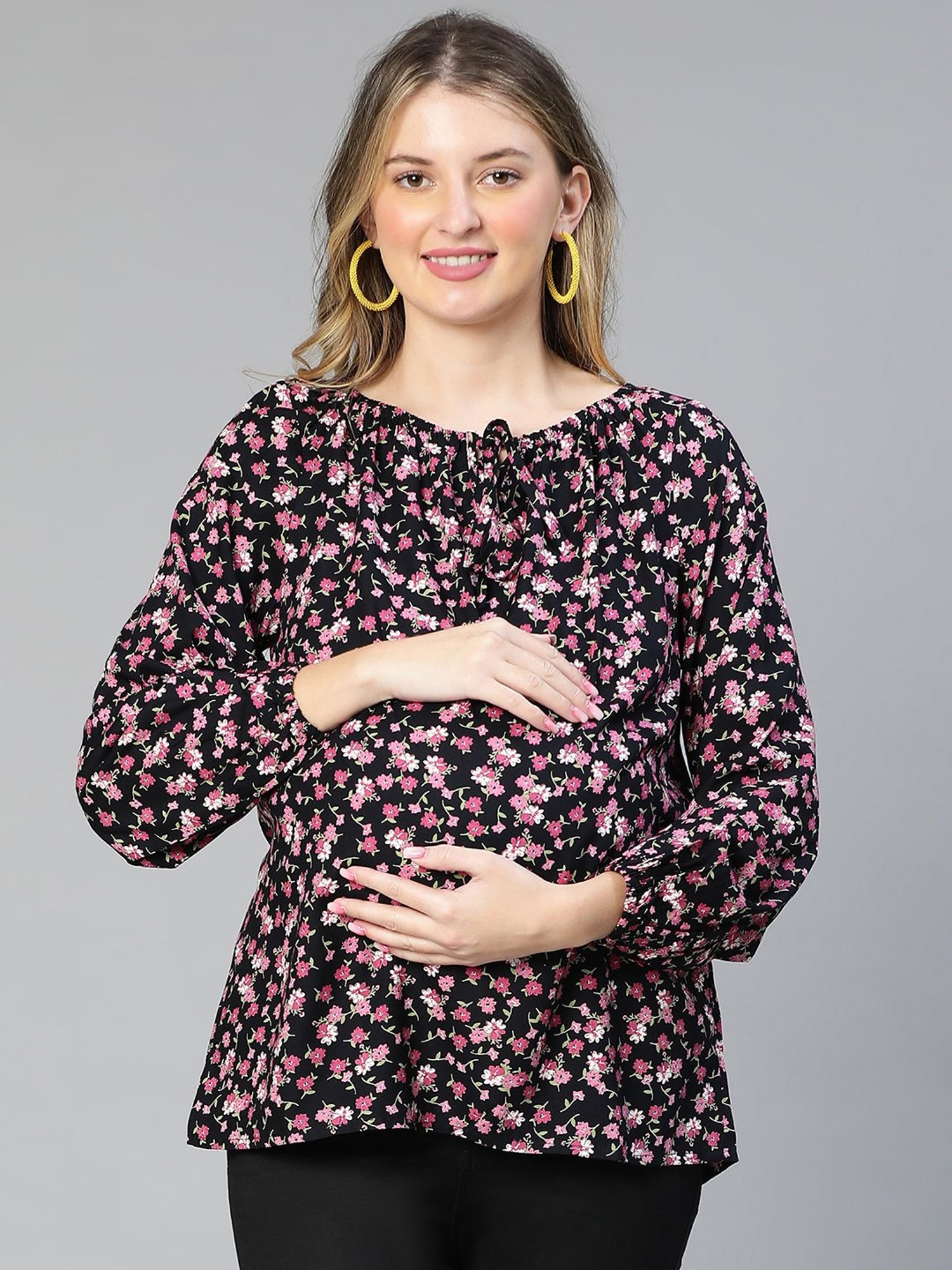 Oxolloxo Black & Pink Floral Print Maternity Top