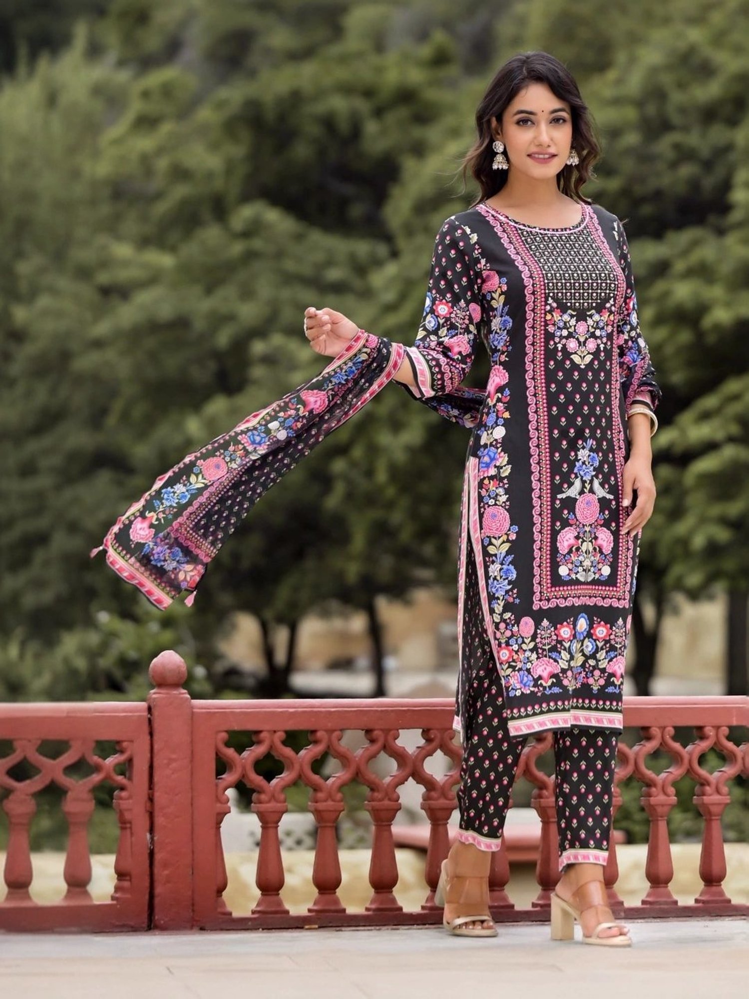 Juniper Black Floral Print Kurta Pant Set With Dupatta