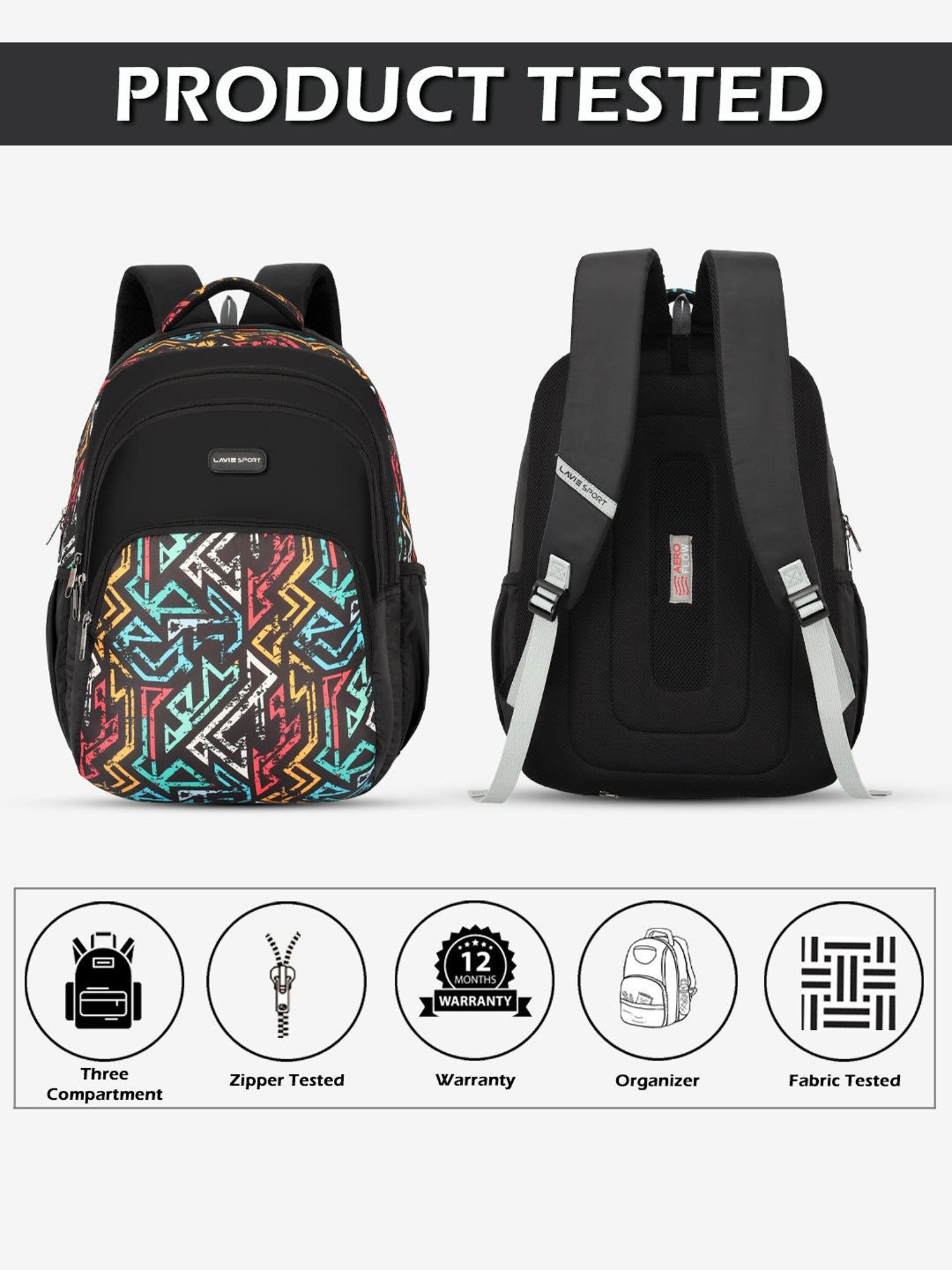 Lavie Sport Vector 39L Printed School Unisex Backpack with Rain cover for Boys/Girls (Black)