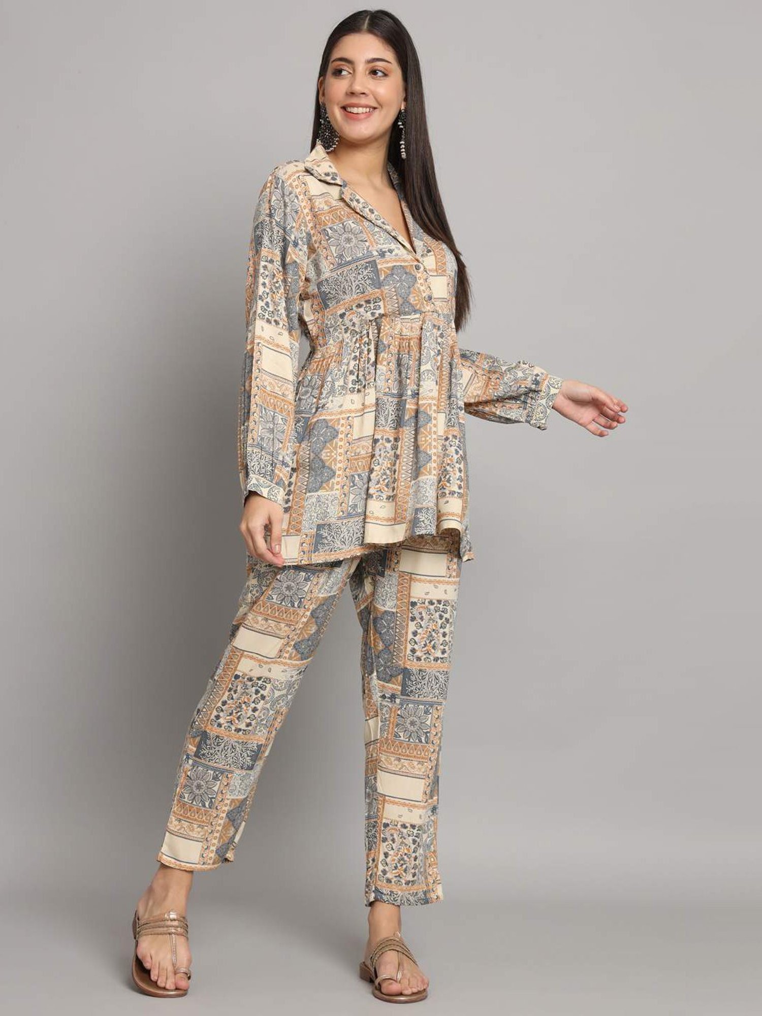 Melon by PlusS Blue Printed Shirt Pant Set