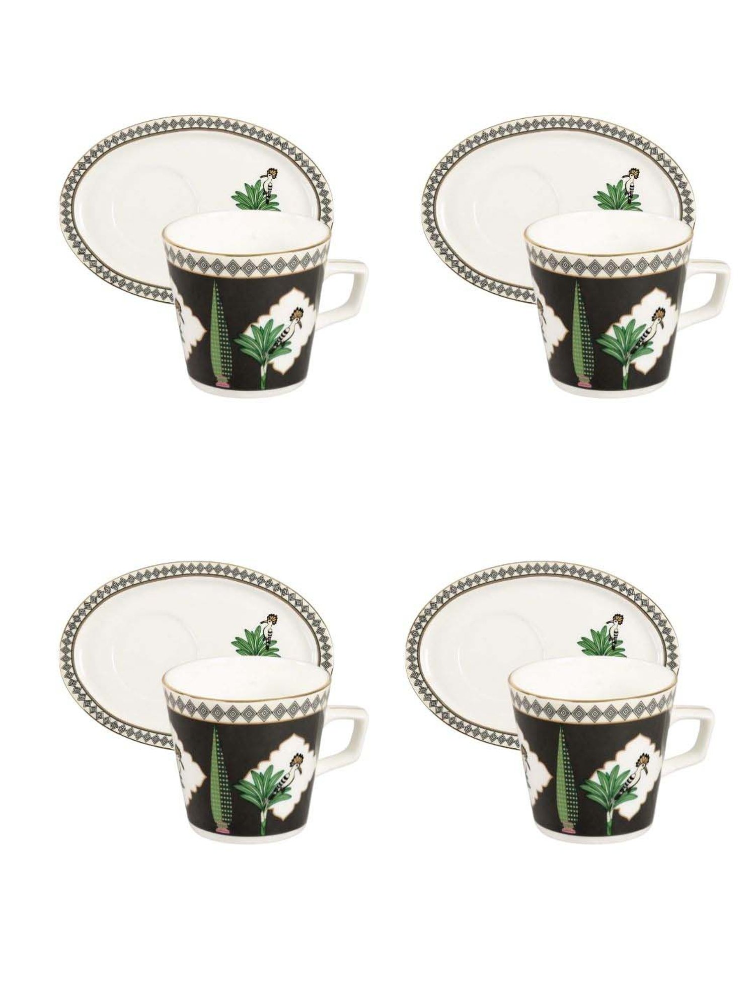 India Circus Black & White Ceramic 4 Cup (0.22 L) with 4 Saucer