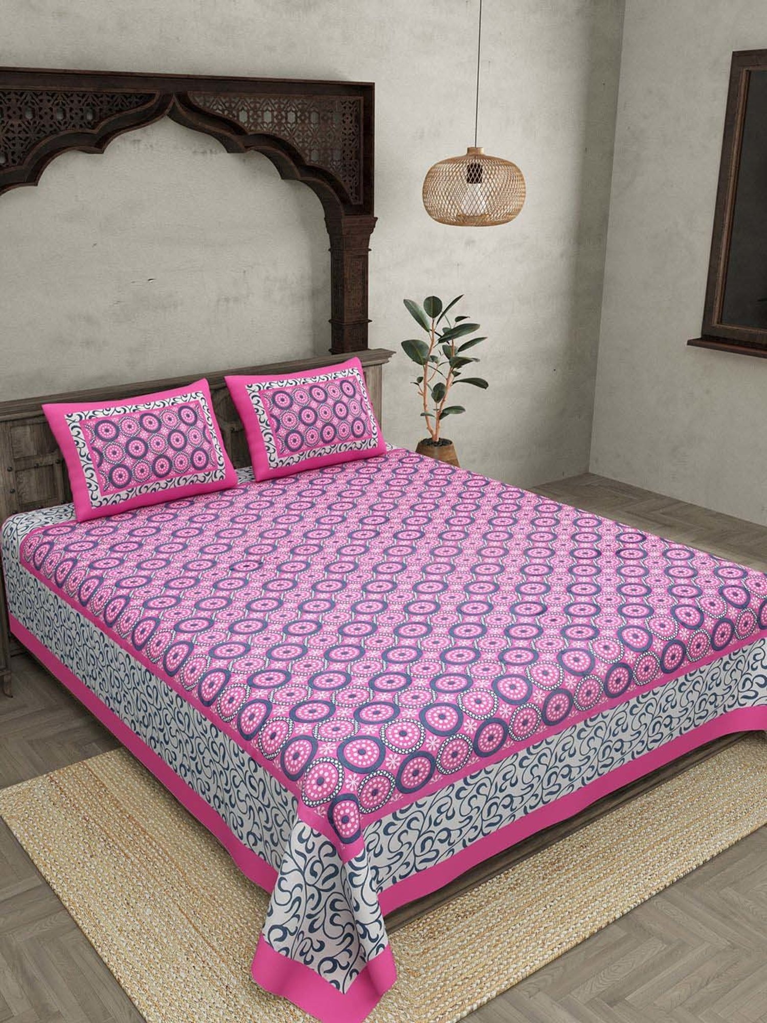 JaipurFabric Pink 100% Pure Cotton 120 TC Double Bedsheet with 2 Pillow Covers