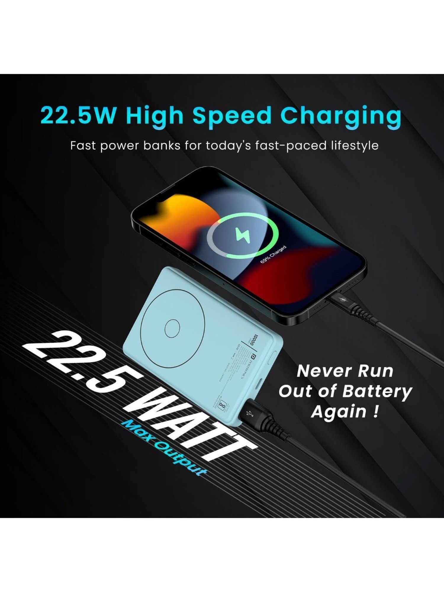 Portronics Luxcell Wireless Mini Power Bank 10000mAh 15W with 22.5 Wired Output (Blue)