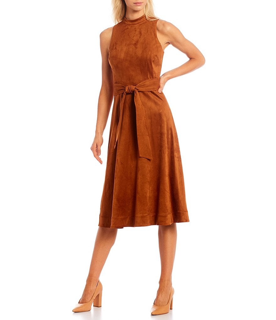 Antonio Melani Kinnon Mock Neck Sleeveless Self Belt Suede Midi Dress