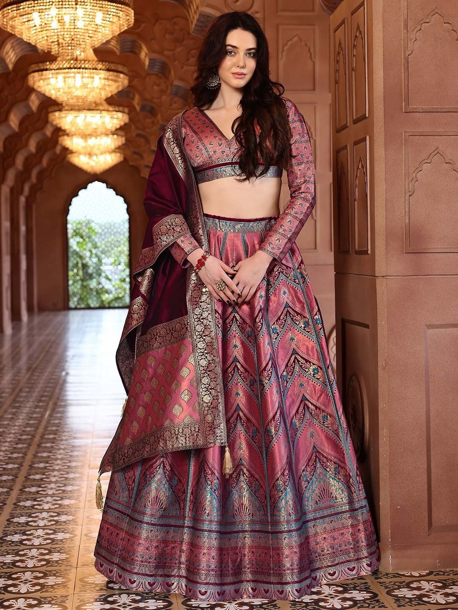 PURVAJA Pink Woven Lehenga Choli Set With Dupatta