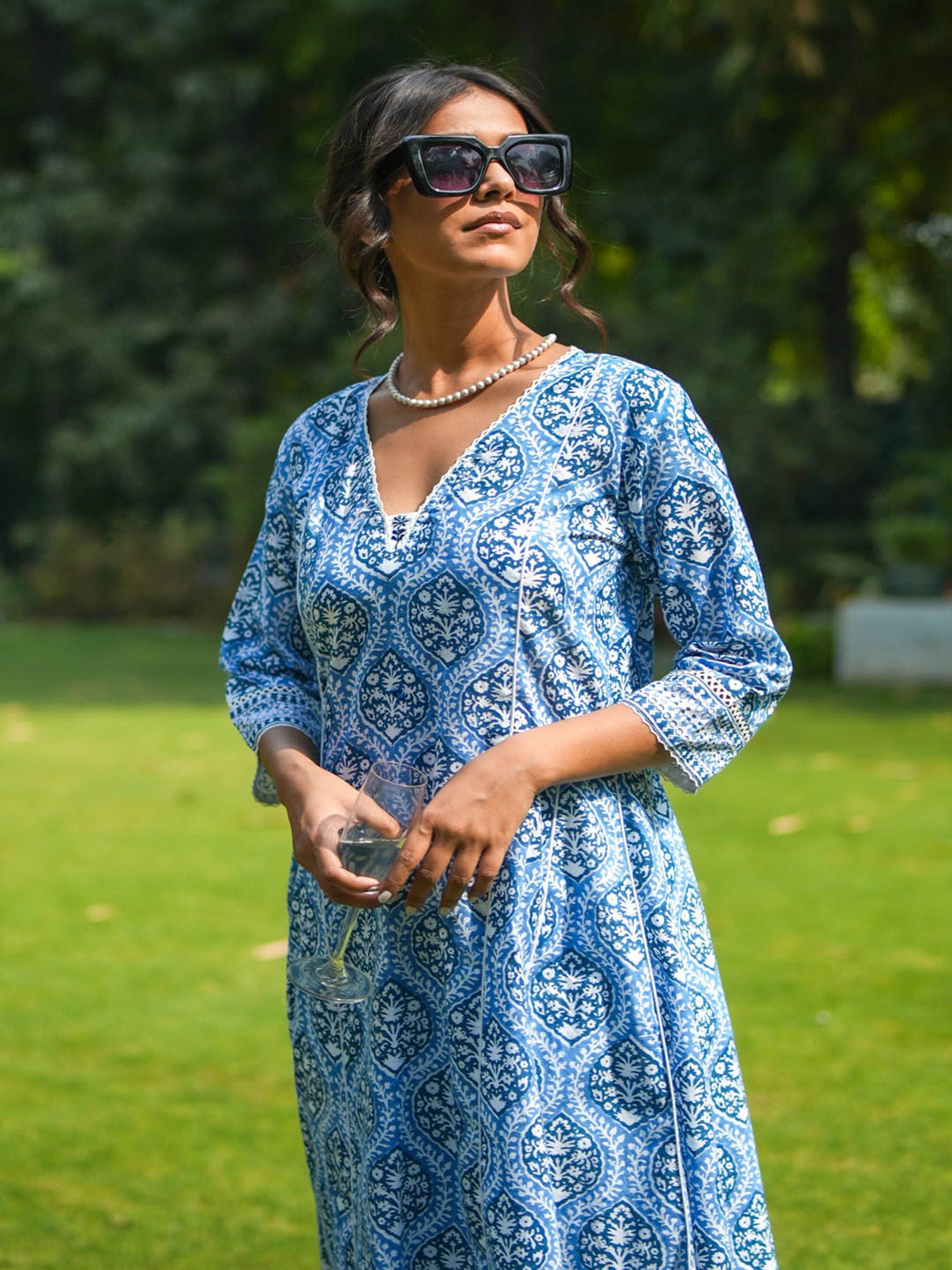 Akiso Blue Hand Block Printed Flared Kurta Set With Hand Embroidery Detail ( Set Of 2 )