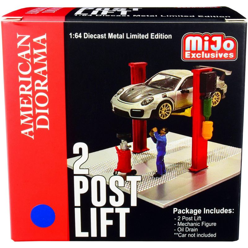 Two Post Lift (Blue) with Mechanic Figurine and Oil Drainer Diorama Set for 1/64 Scale Models by American Diorama