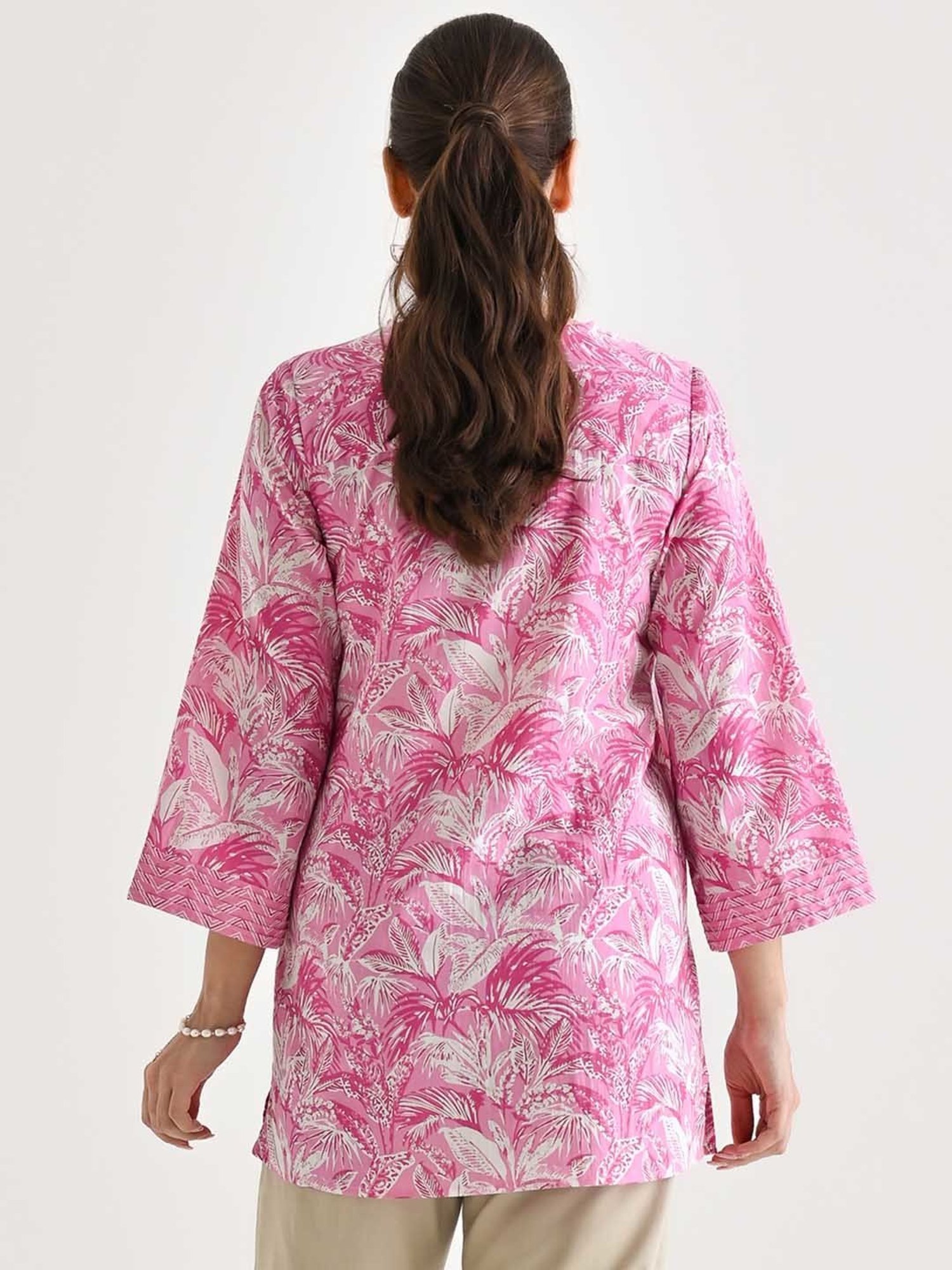 Rustorange Pink Cotton Printed A Line Short Kurti