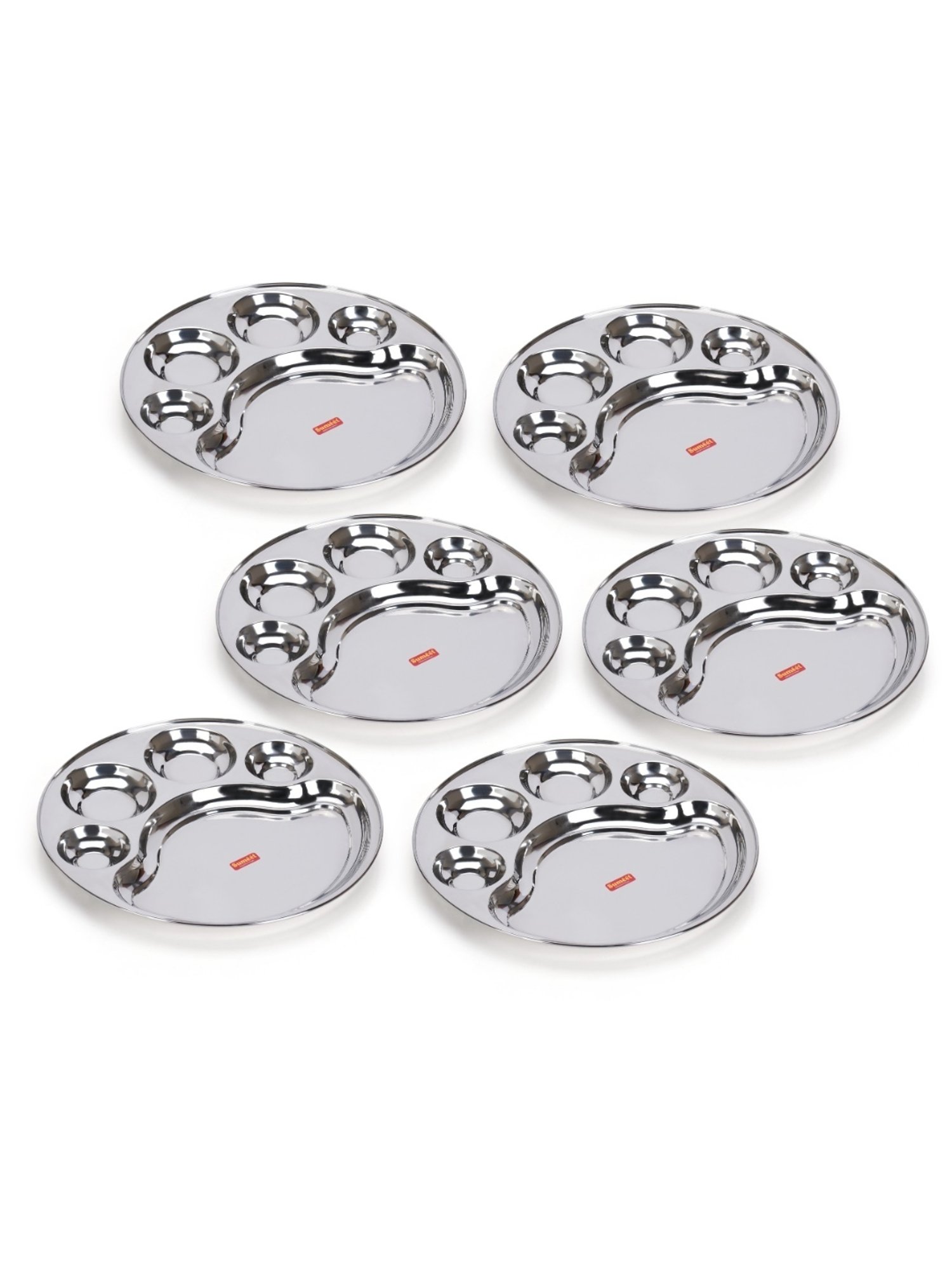 Sumeet Stainless Steel Round 5 in 1 Compartment Lunch / Dinner Plate Set of 6Pcs, 34cm Dia, Silver