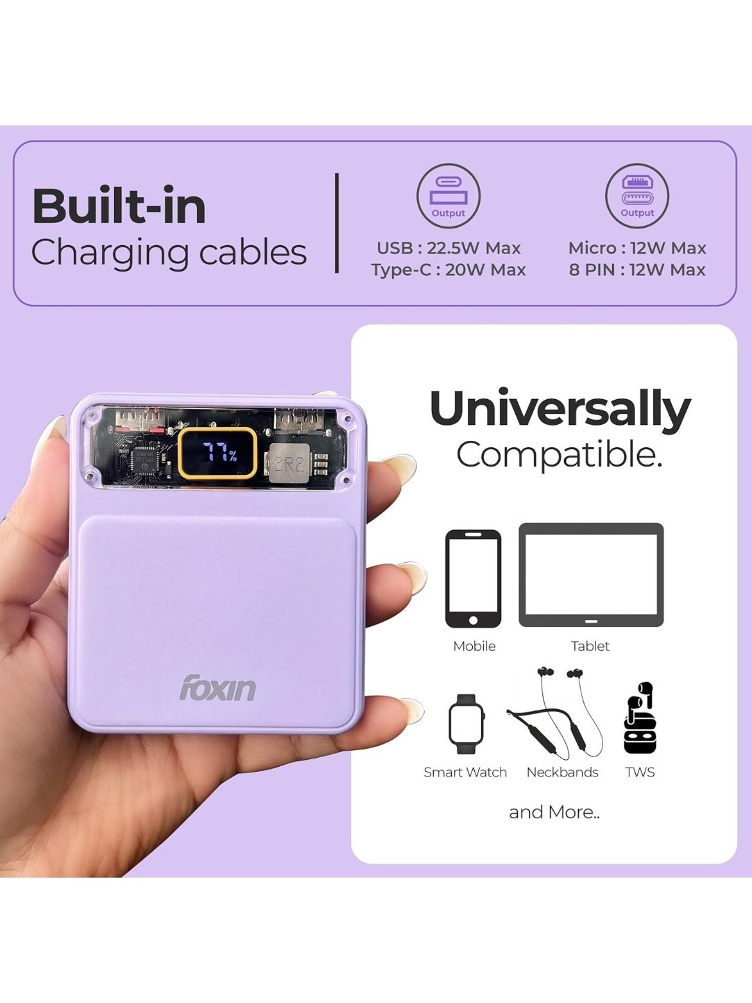 Foxin All-in-One 22.5W QC plus PD 10000 mAh Power Bank with Built-in Charging Cables (Purple)