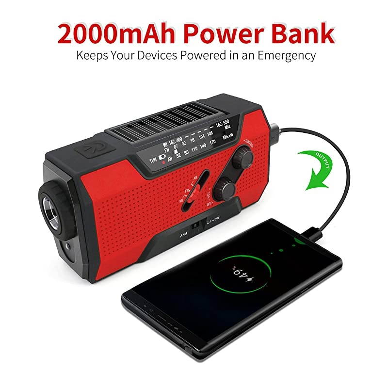 Radio Solar Hand Crank AMFMNOAA Weather Radio for Household and Outdoor with LED Flashlight Reading Lamp 2000mAh Power Bank USB Charger and SOS Alarm Red