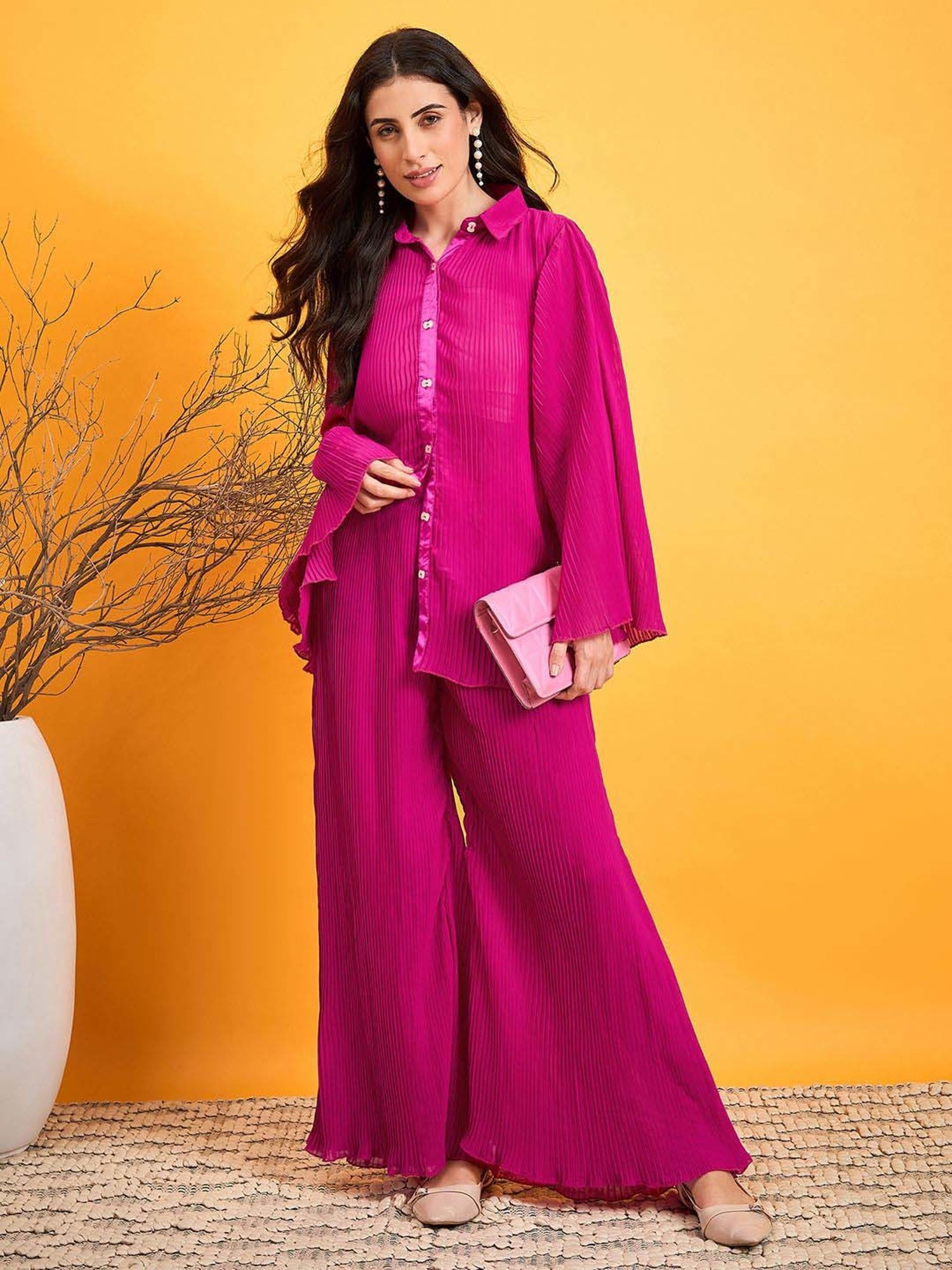 The Kaftan Company Pink Plain Shirt Palazzos Set