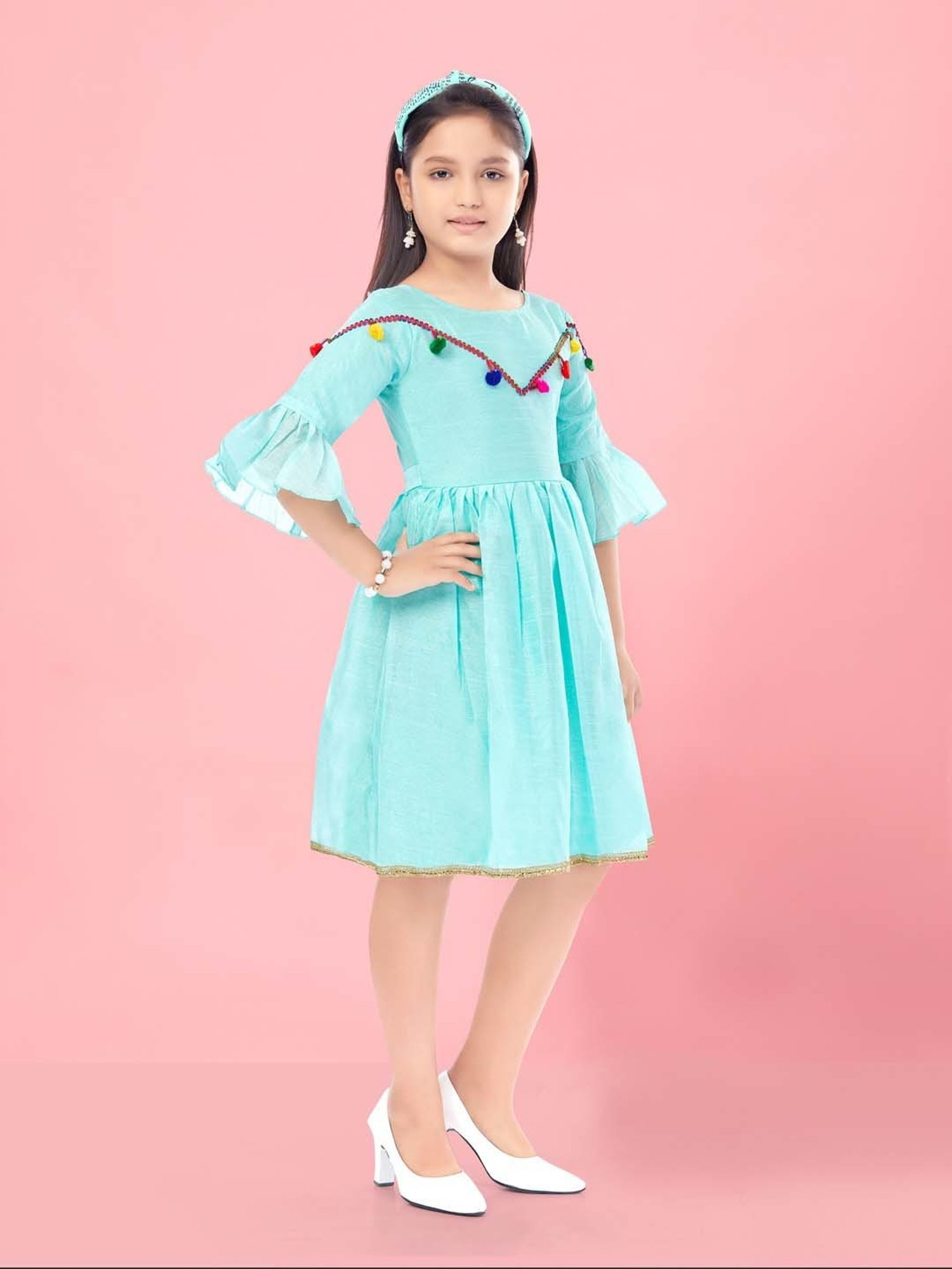 Aarika Kids Firozi Blue Flared Fit Middi Dress