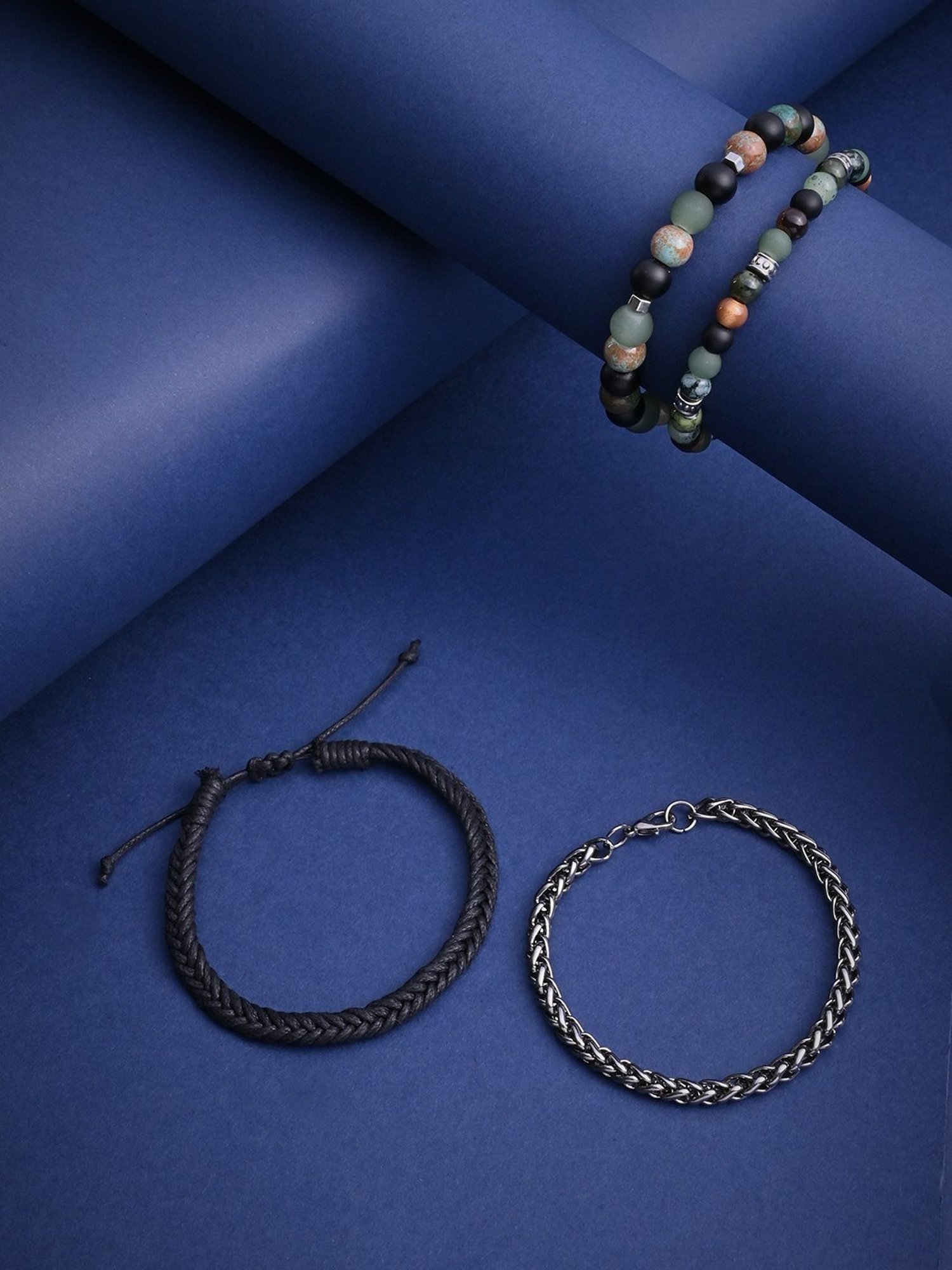 The Bro Code Aqua Green Party Men's Beaded, Cuban Link with Fabric Knotted Stack Bracelet - Set of 4