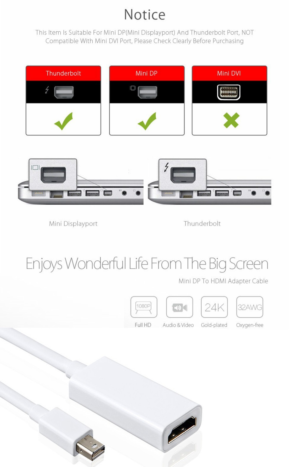 Mini DisplayPort to HDMI Female Adapter Cable for Macbook Air Mini iMac 1080p 60HZ, Mini DP Thunderbolt to HDMI Converter Cable.
