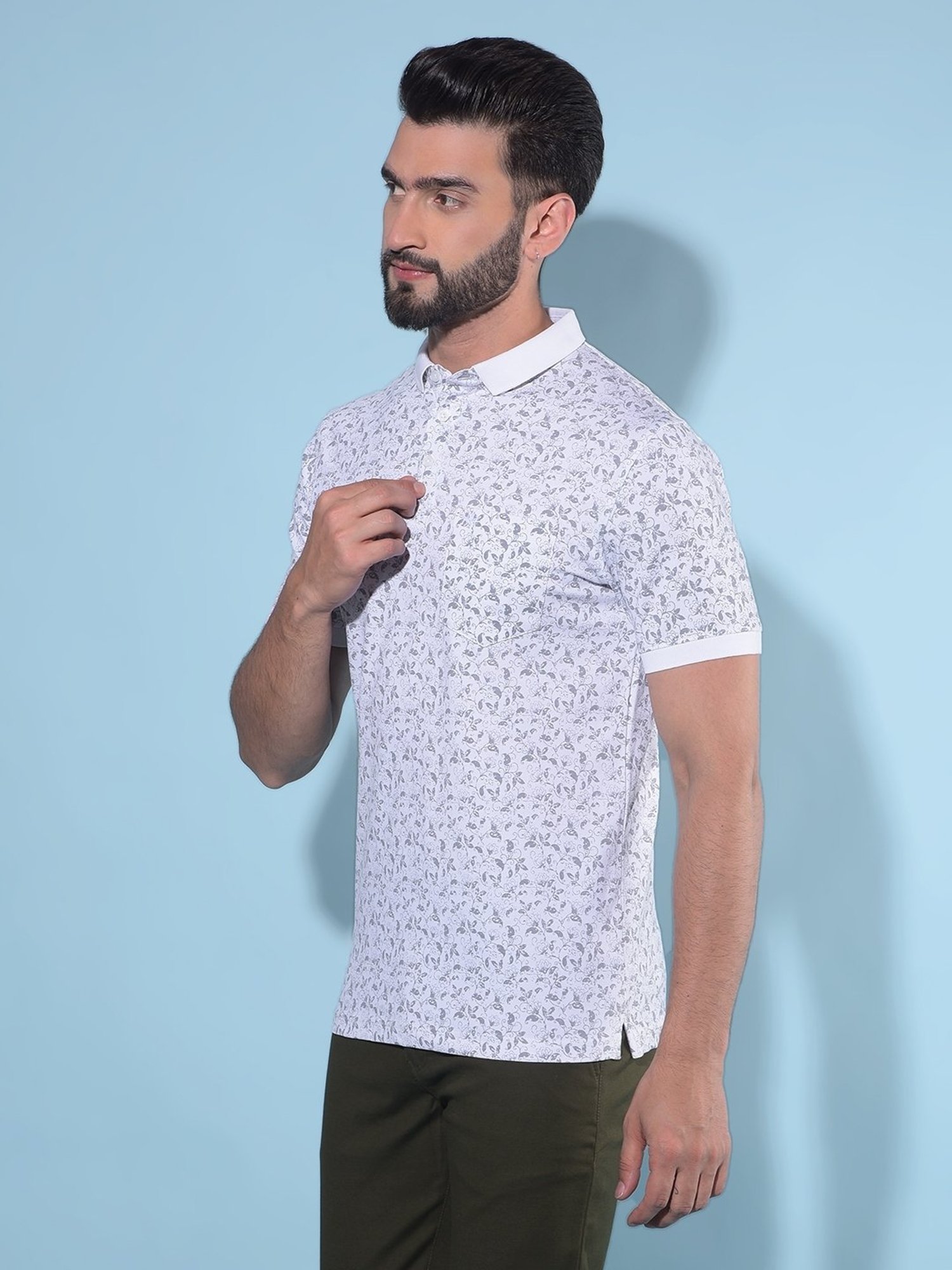 Crimsoune Club Blue Cotton Slim Fit Floral Print Polo T-Shirt