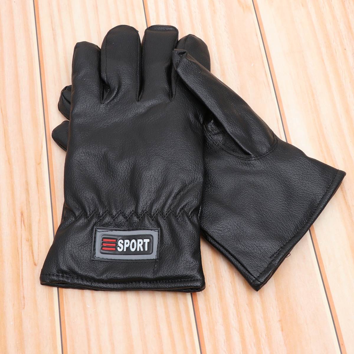 A Pair of Men Winter Gloves Thicken PU Leather Running Gloves Outdoor Sports Keep Warm Equipment (Average Size, Black)