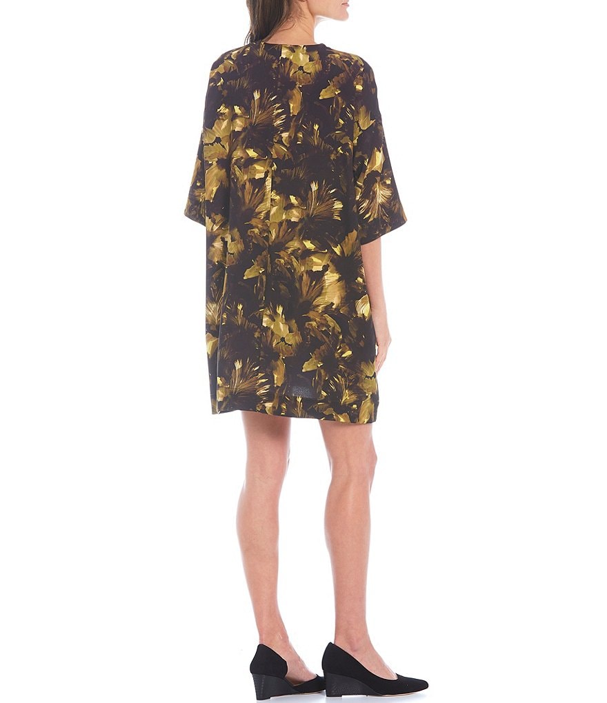 Bryn Walker Bingley Fall Floral Print V-Neck Drop Shoulder Short Elbow Sleeve Shift Dress