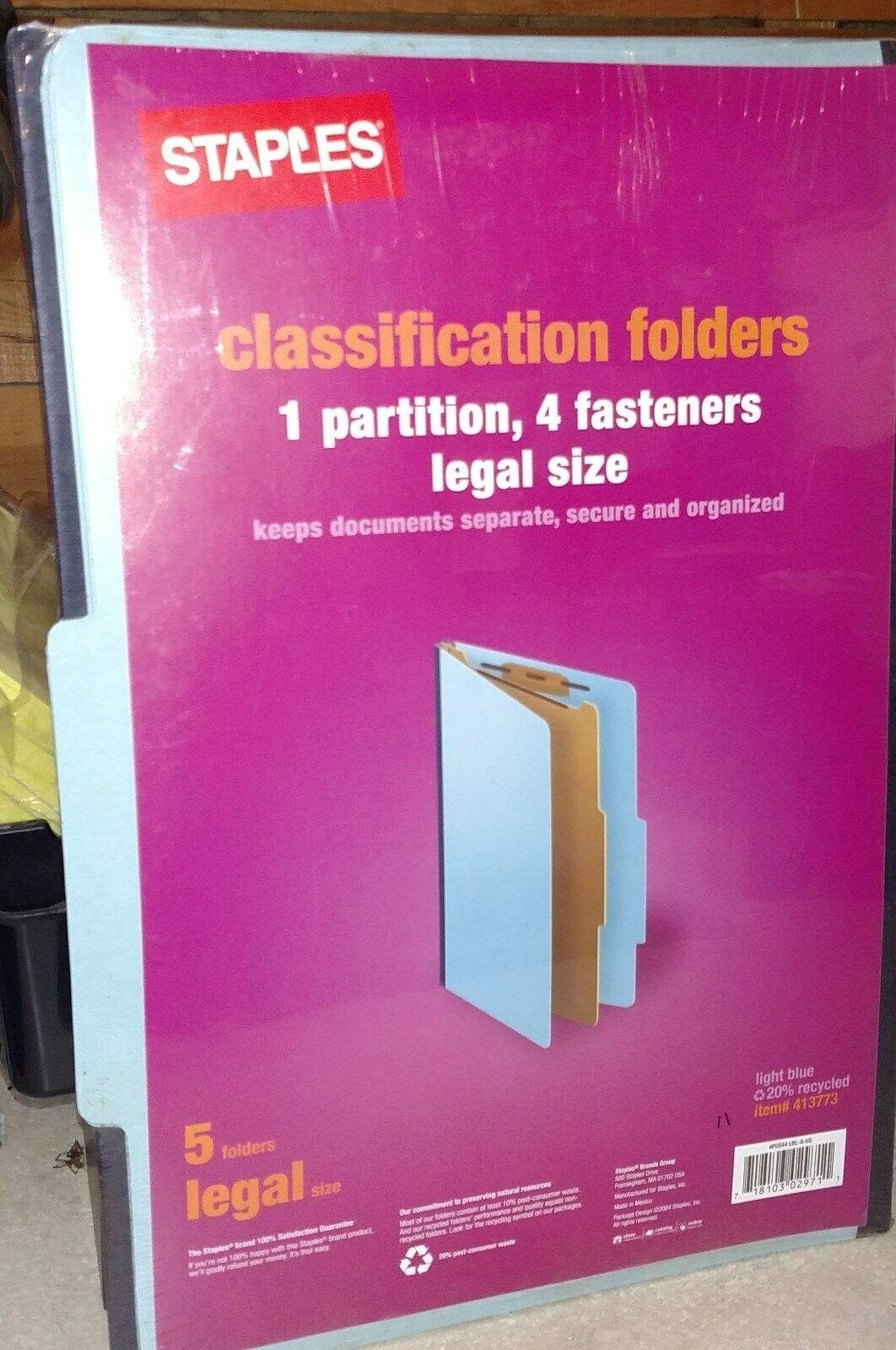 Staples Classification Folders, 1 Divider, 6 Fasteners, Legal, Light Blue, 5/Pk