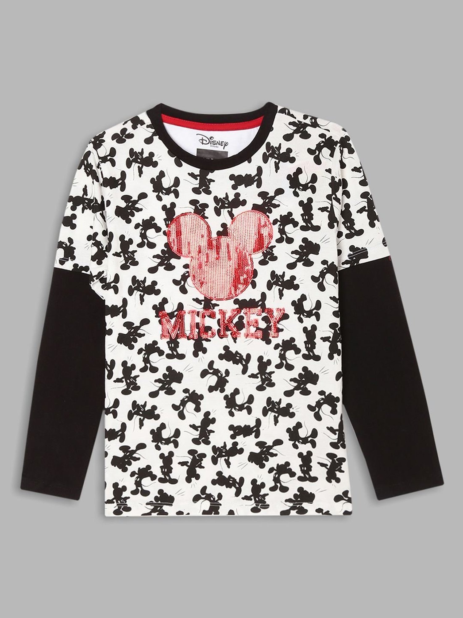 Blue Giraffe Kids White & Black Cotton Printed Full Sleeves Mickey Mouse T-Shirt