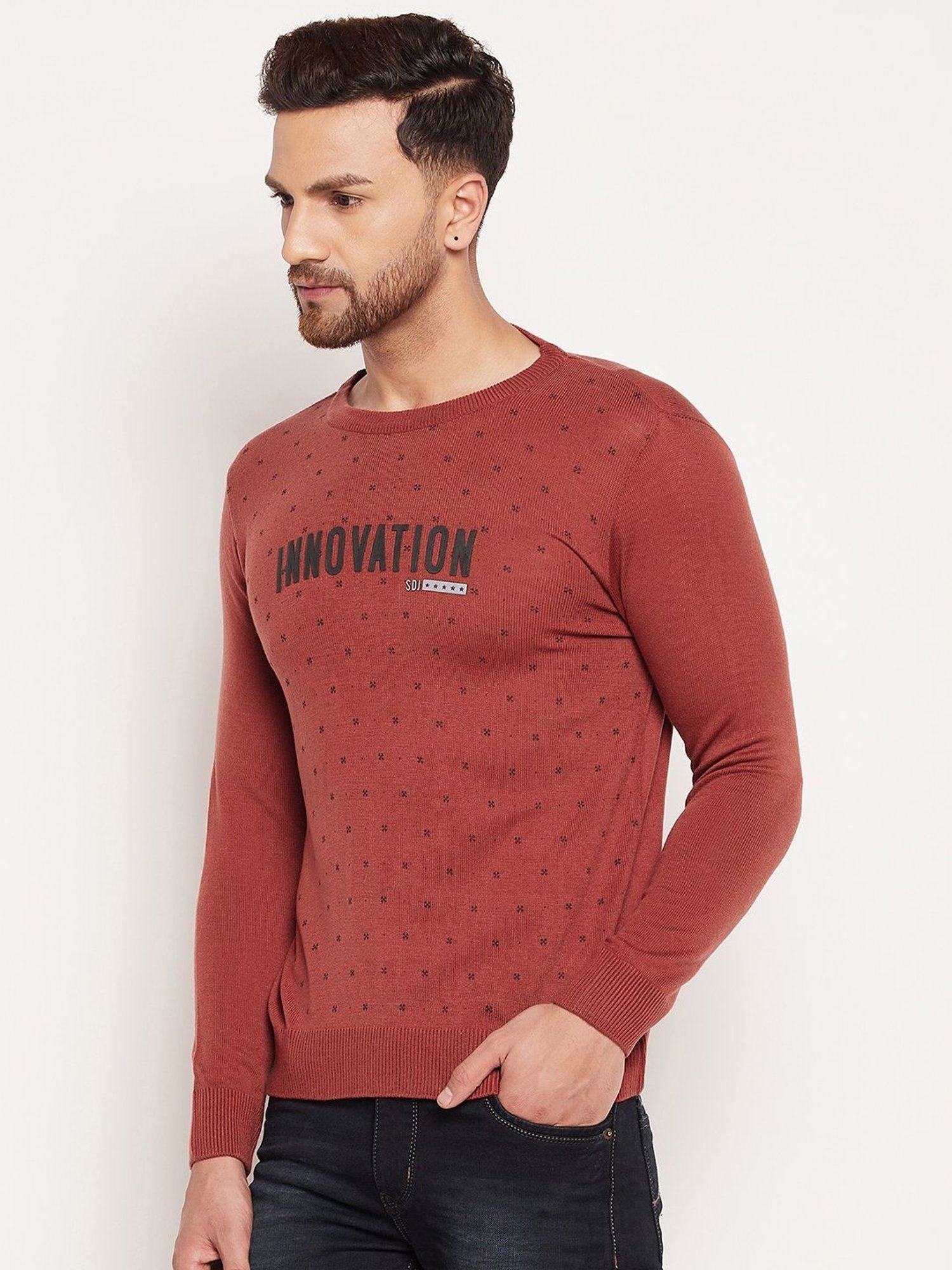 Duke Rust Slim Fit Printed Sweater