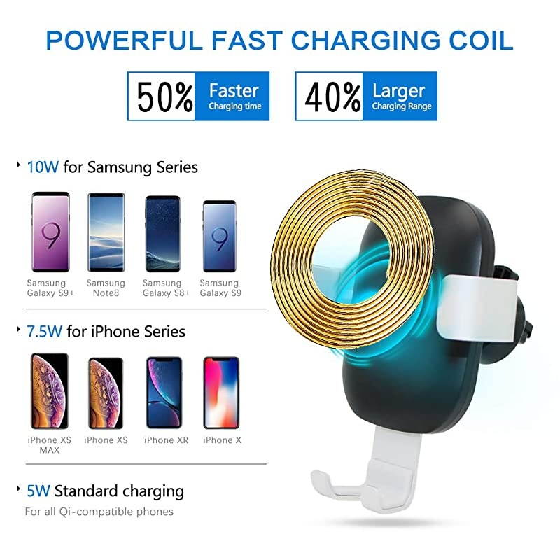 Car Charger Mount QI Fast Charging Auto Clamping Phone Holder Air Vent Compatible with Samsung Galaxy S10 S9 S8 S7 Edge Note 8 5 + iPhone X Xs Max 8 Plus