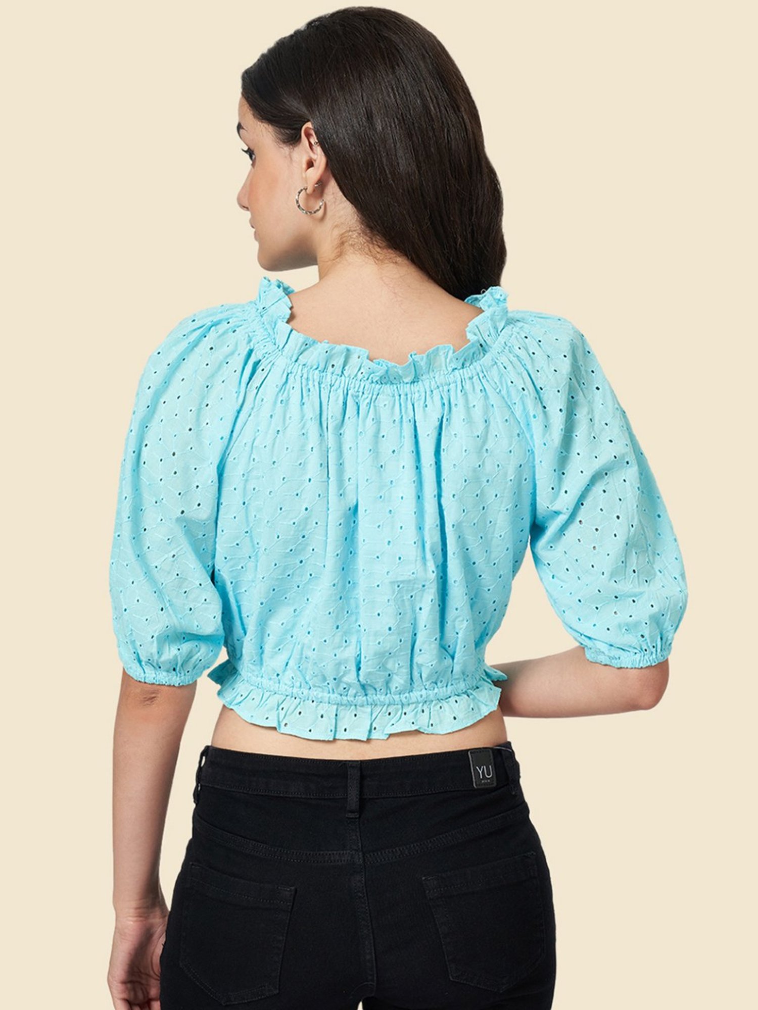 YU by Pantaloons Aqua Blue Cotton Self Pattern Crop Top