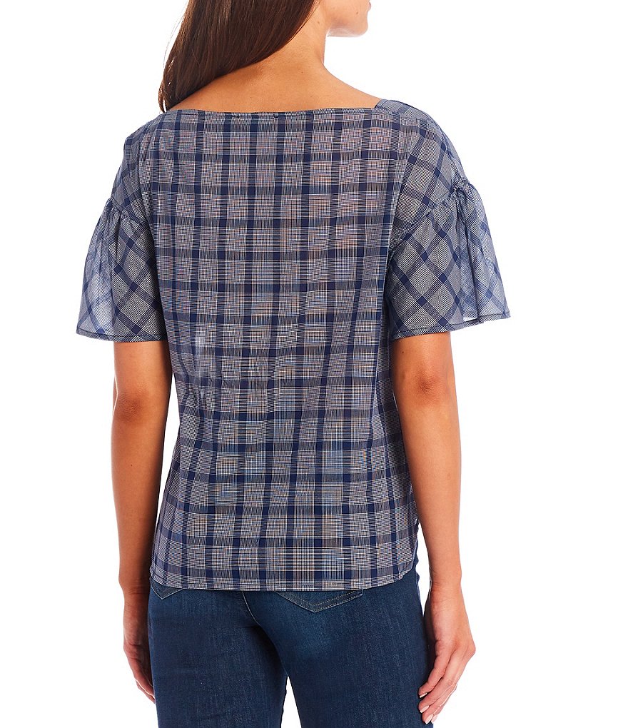 Pendleton Airy Cotton Plaid Short Sleeve Boat Neck Top