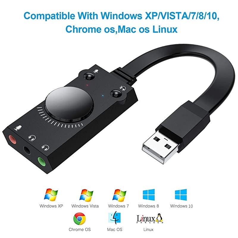 USB Sound Card,  USB External Stereo Sound Adapter Splitter Converter with Volume Control for Windows and Mac, Plug & Play, No Drivers Needed