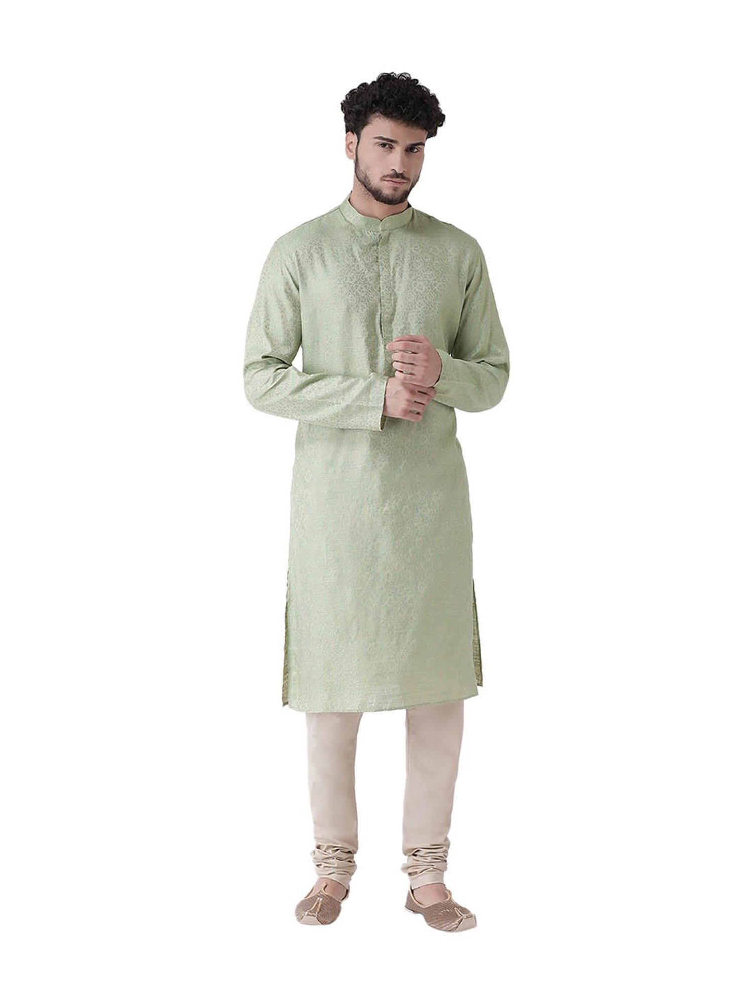 Tabard Green & Beige Printed Regular Fit Kurta & Churidar Set