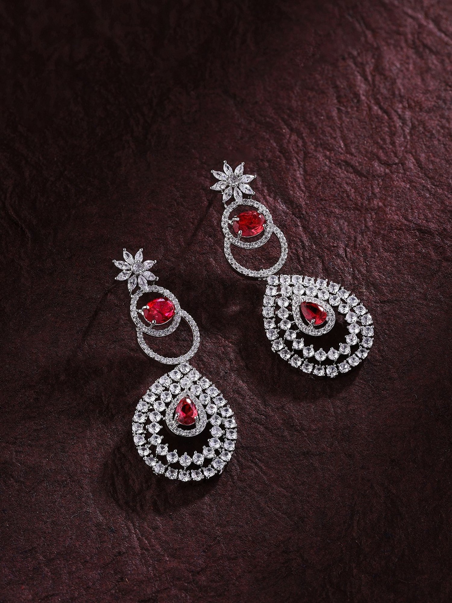Priyaasi Silver-Plated American Diamond and Ruby Stones Style Dangler Earrings