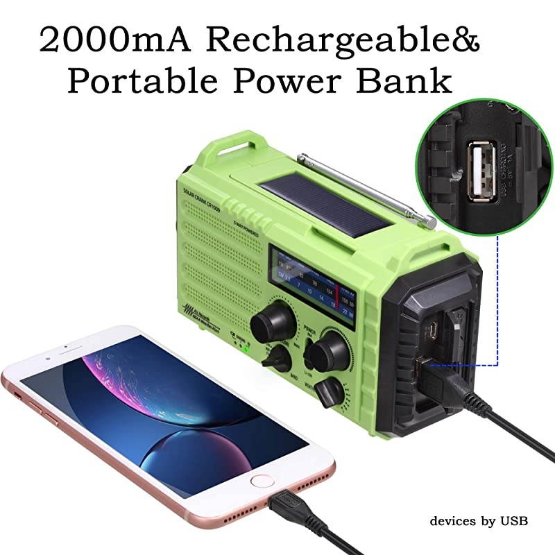 Radio NOAA Alert Emergency RadioSolarHand CrankAM FM Shortwave Portable Radio with Battery BackupSOS FlashlightReading Lamp2000mAh Rechargeable BatteryUSB Charger for Outdoor Survival