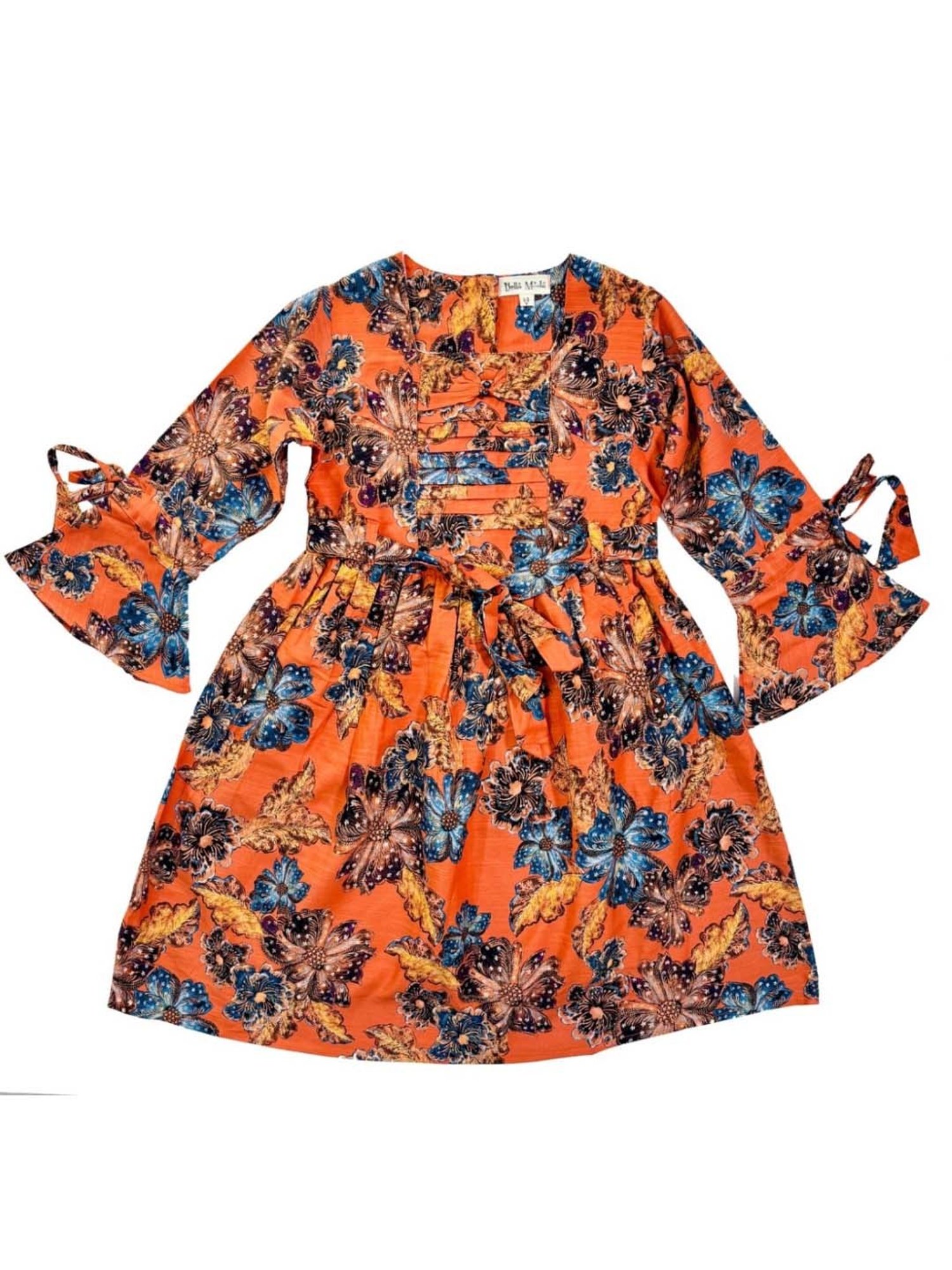 Bella Moda Kids Orange & Blue Cotton Floral Print Full Sleeves Dress