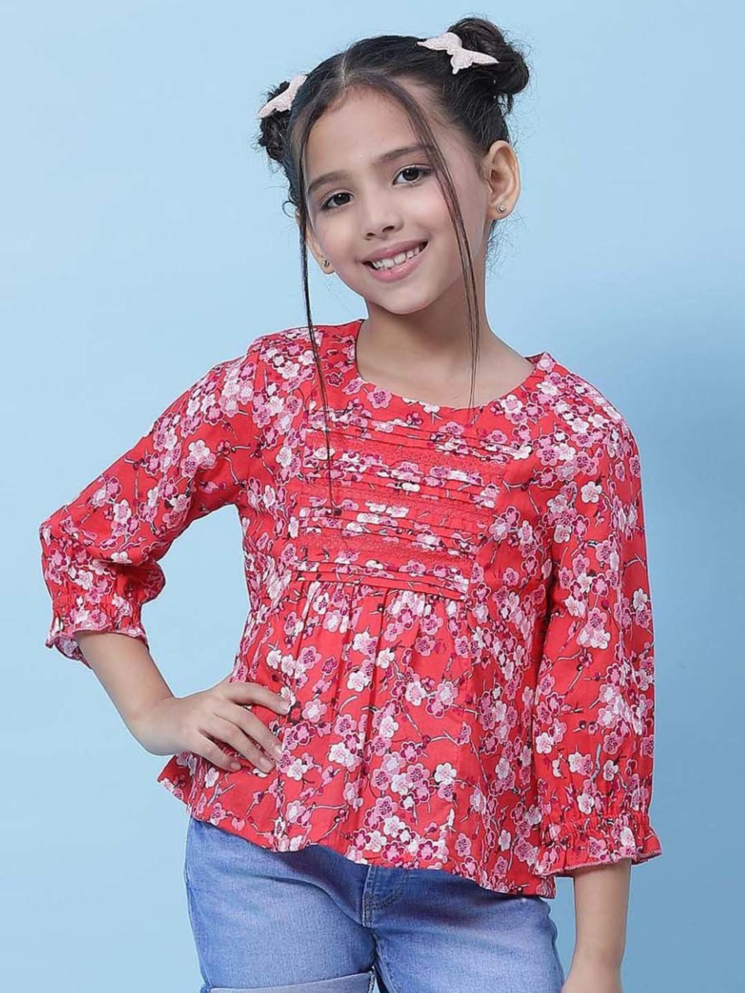 Biba Kids Red & Pink Cotton Floral Print Top