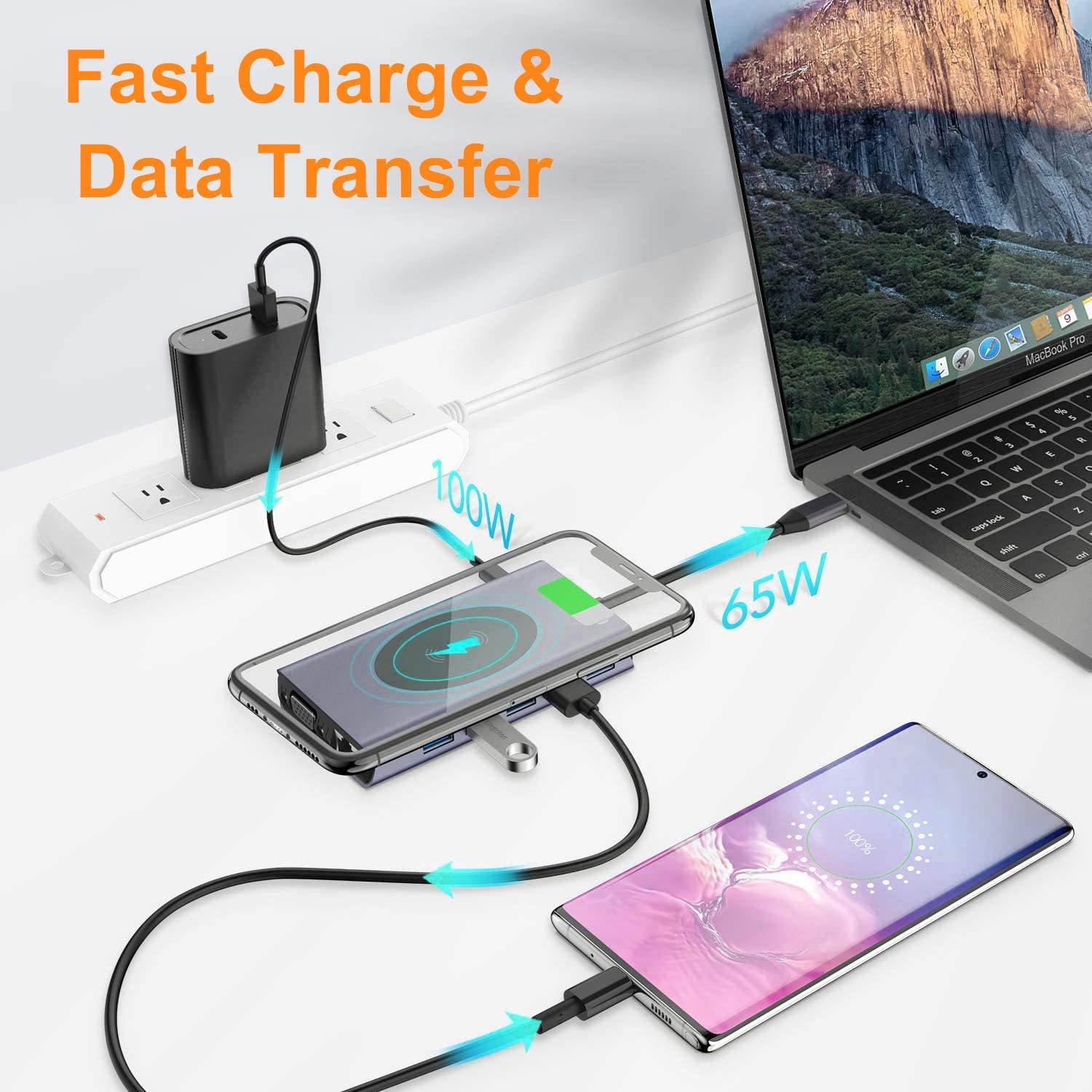 USB C Hub,14 in 1 USB Hub Type C Dongle Adapter with Wireless Charger, USB C Adapter with HDMI 4K 2 Output, RJ45 Ethernet, 87W PD Charger, SD/TF Card Reader with USB 3.0 VGA Ports(Gray)