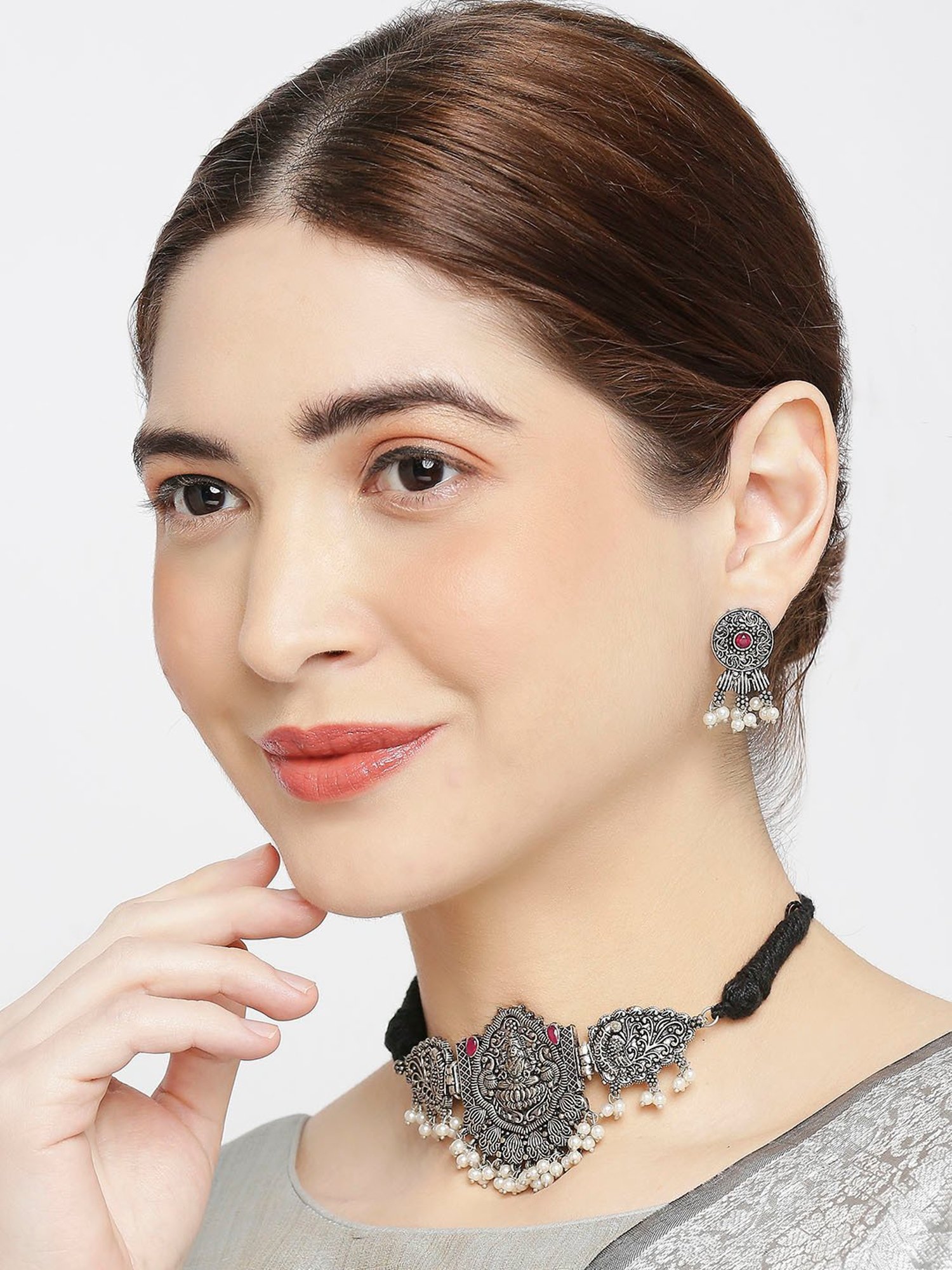 OOMPH Oxidized Silver Look Alike Maroon Stone StoneChoker Necklace Set with Drop Earrings