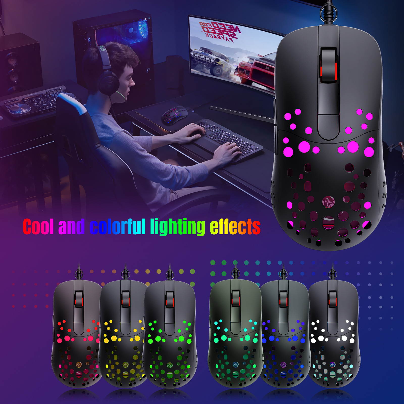 Wired USB Gaming Mouse with Ergonomic Programming Design 6 Keys 6-level Adjustable DPI,8000dpi RGB Rainbow Backlit for Notebook Laptop PC Desktop Computer