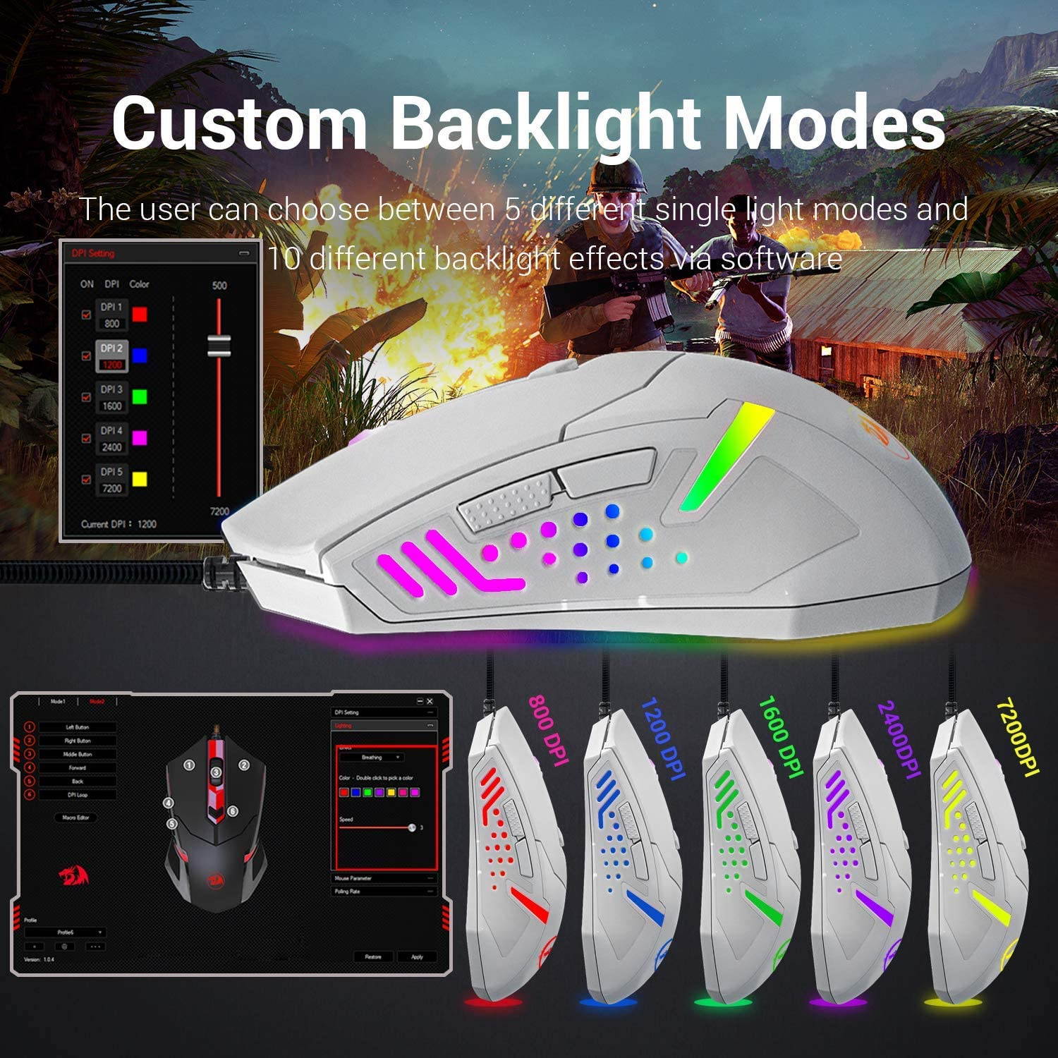 White Mouse,Gaming Mice, RGB Gaming Mouse Backlit Wired Ergonomic 7 Button Programmable Mouse Centrophorus with Macro Recording & Weight Tuning Set 7200 DPI for Windows PC