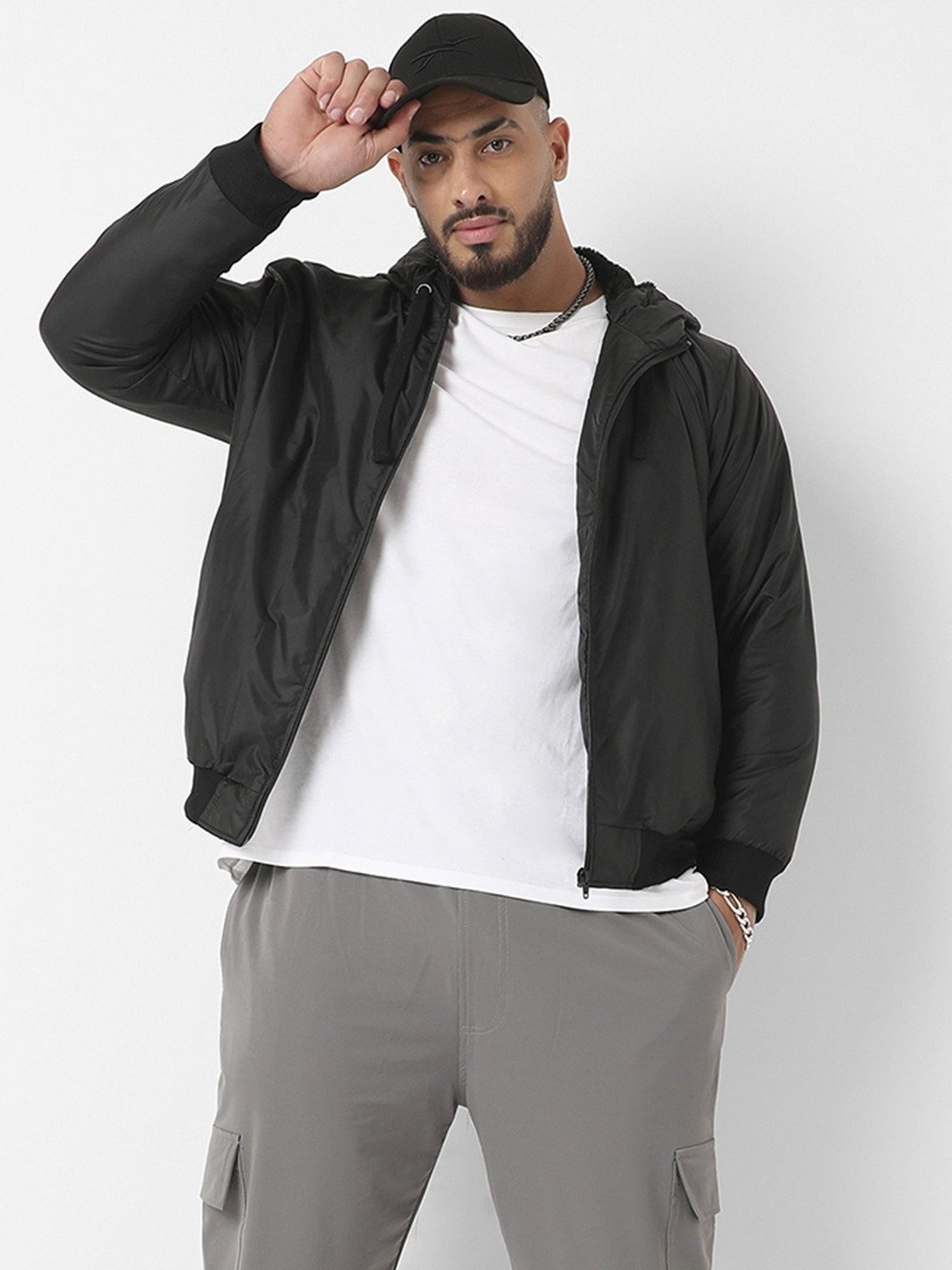 Instafab Plus Black Regular Fit Plus Size Hooded Jacket