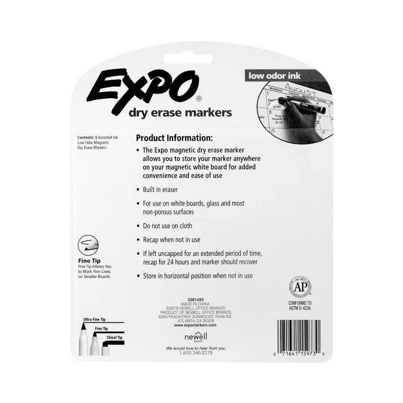 Expo 8pk Dry Erase Marker Magnetic and Eraser Fine Tip Multicolor