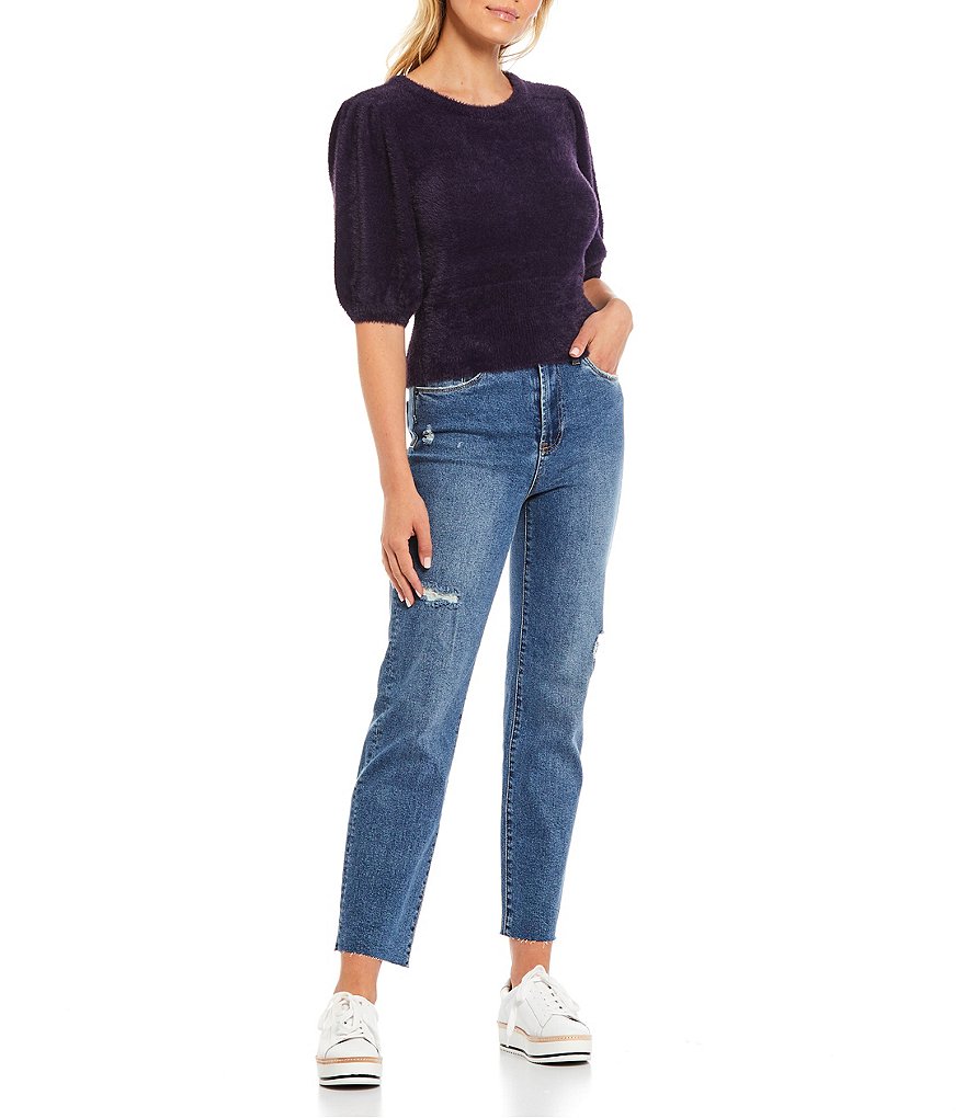 A Loves A Round Neck Long Bishop Sleeve Rib Knit Sweater