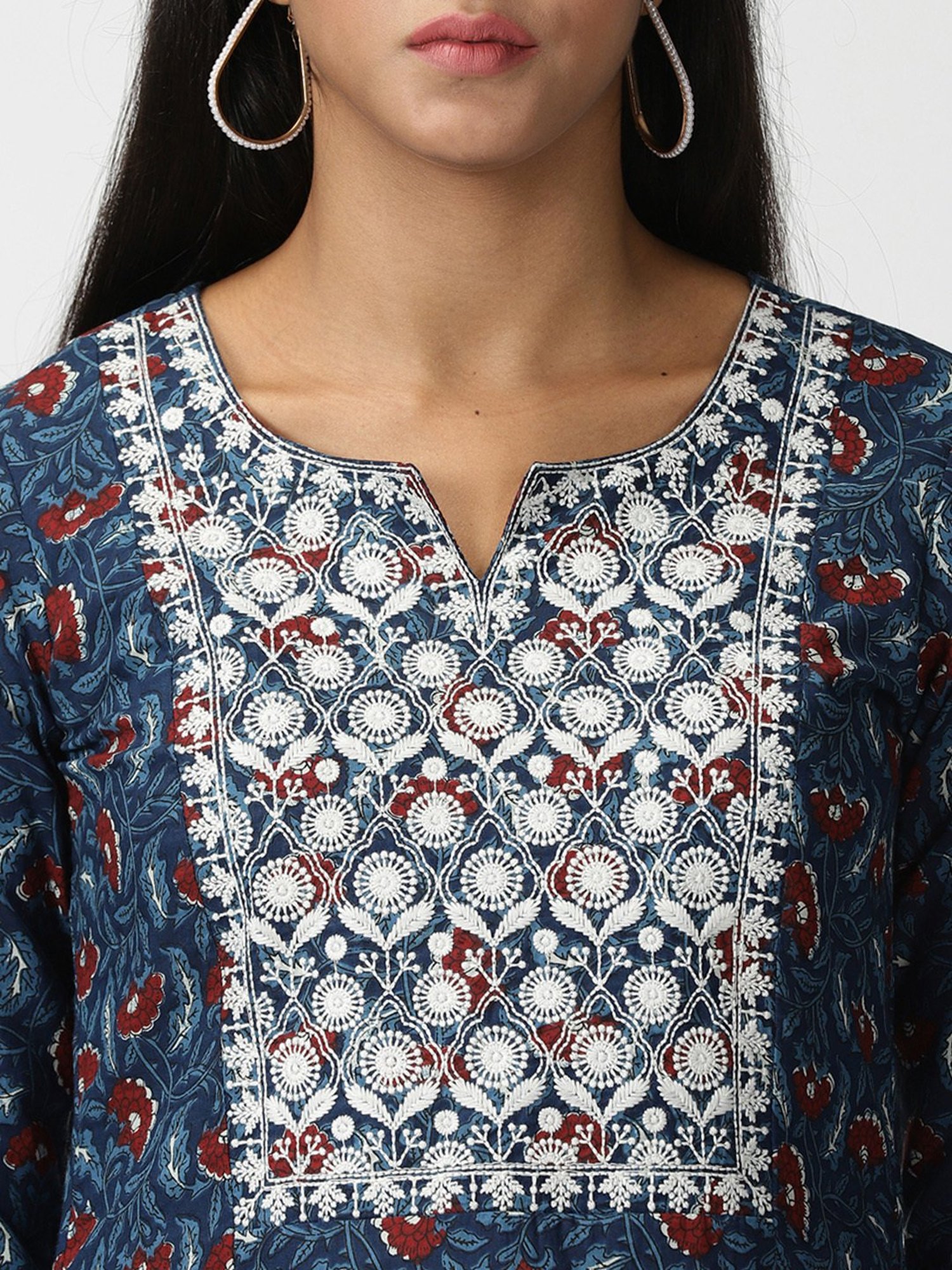 Saffron Threads Blue Cotton Embroidered A Line Kurta